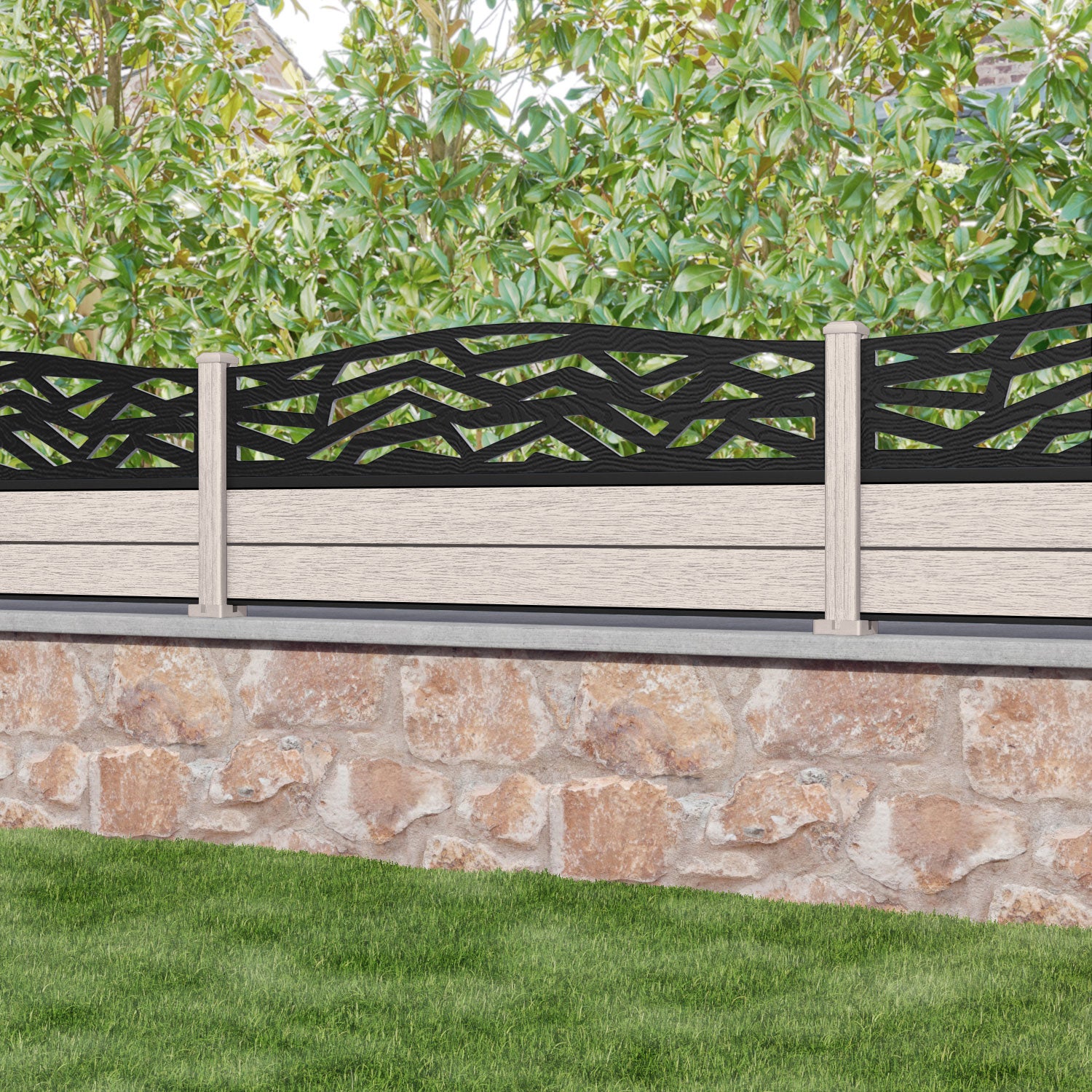 Fusion Zenith Curved Top Fence Panel - Mid Stone - with our composite posts
