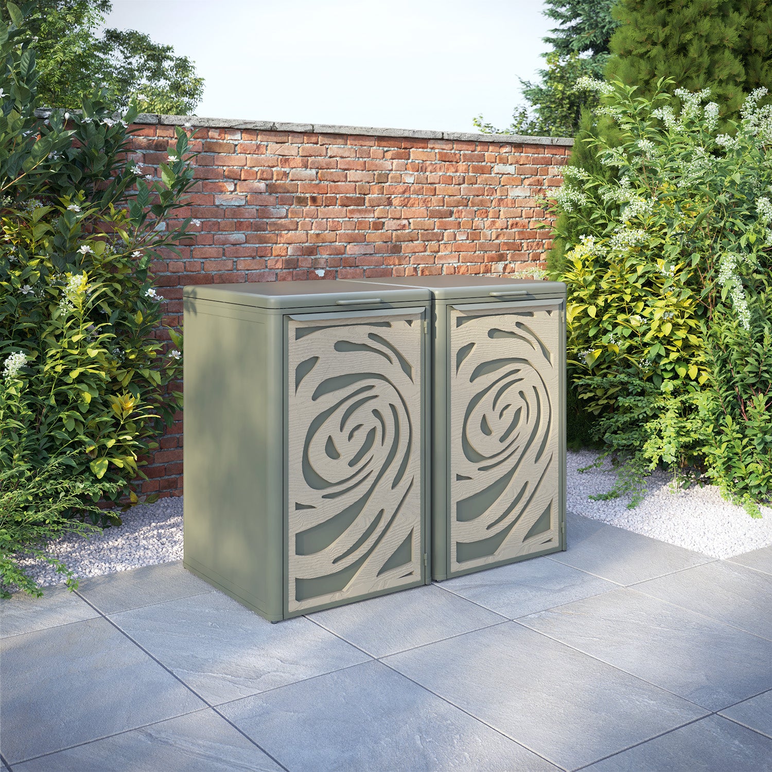 Curva Dusty Green 2 Bin Store with Roses Door Screen