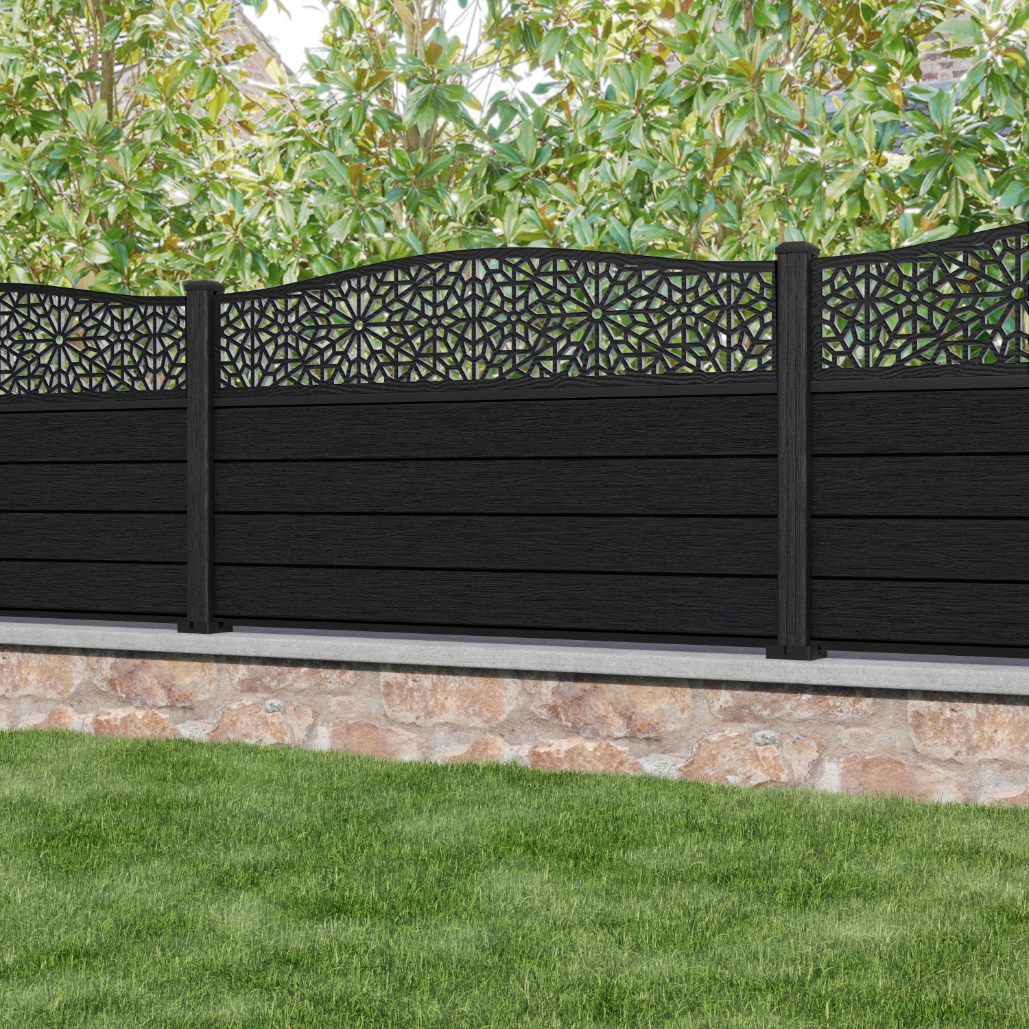 Fusion Alnara Curved Top Fence Panel - Black - with our composite posts