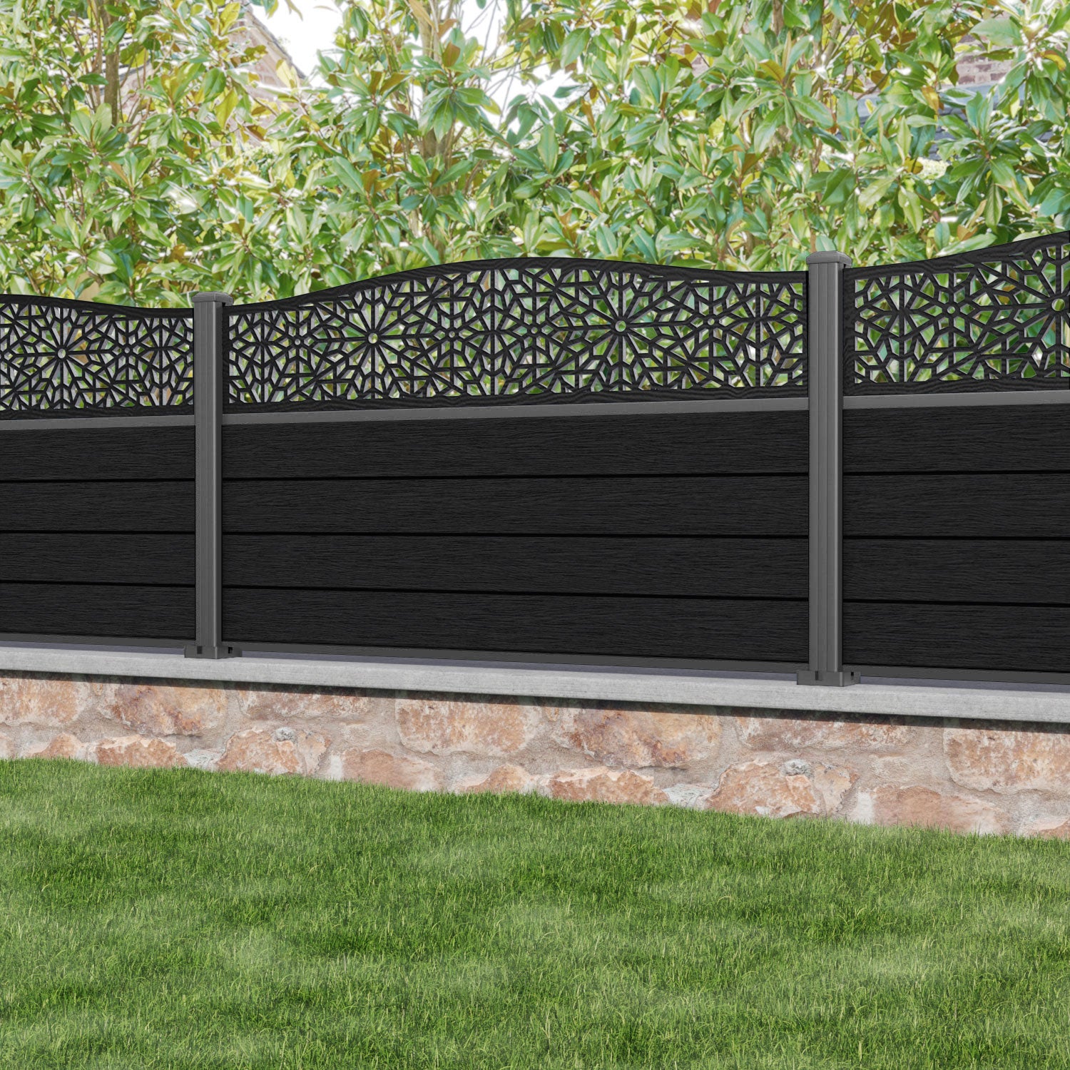 Fusion Alnara Curved Top Fence Panel - Black - with our aluminium posts