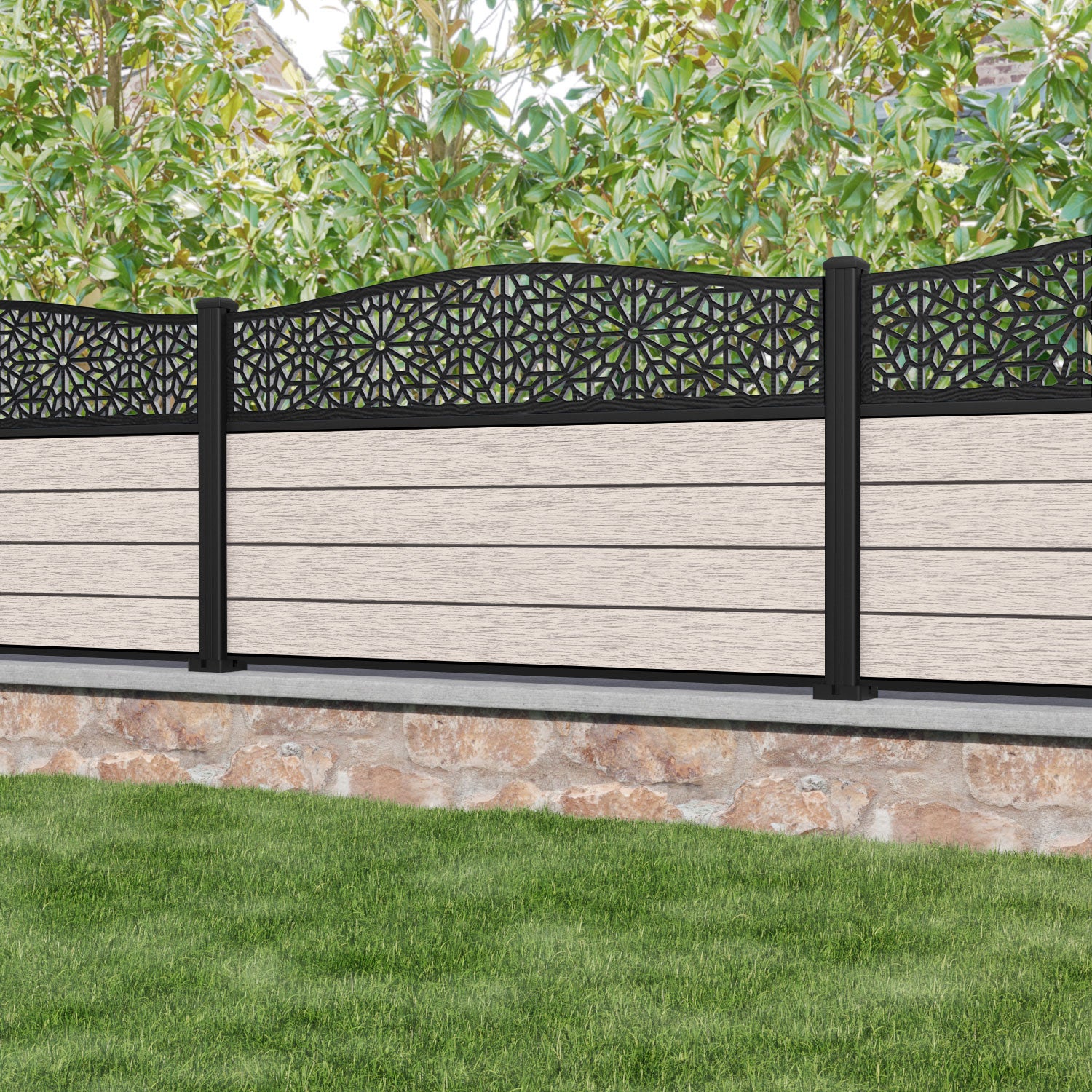 Fusion Alnara Curved Top Fence Panel - Mid Stone - with our aluminium posts