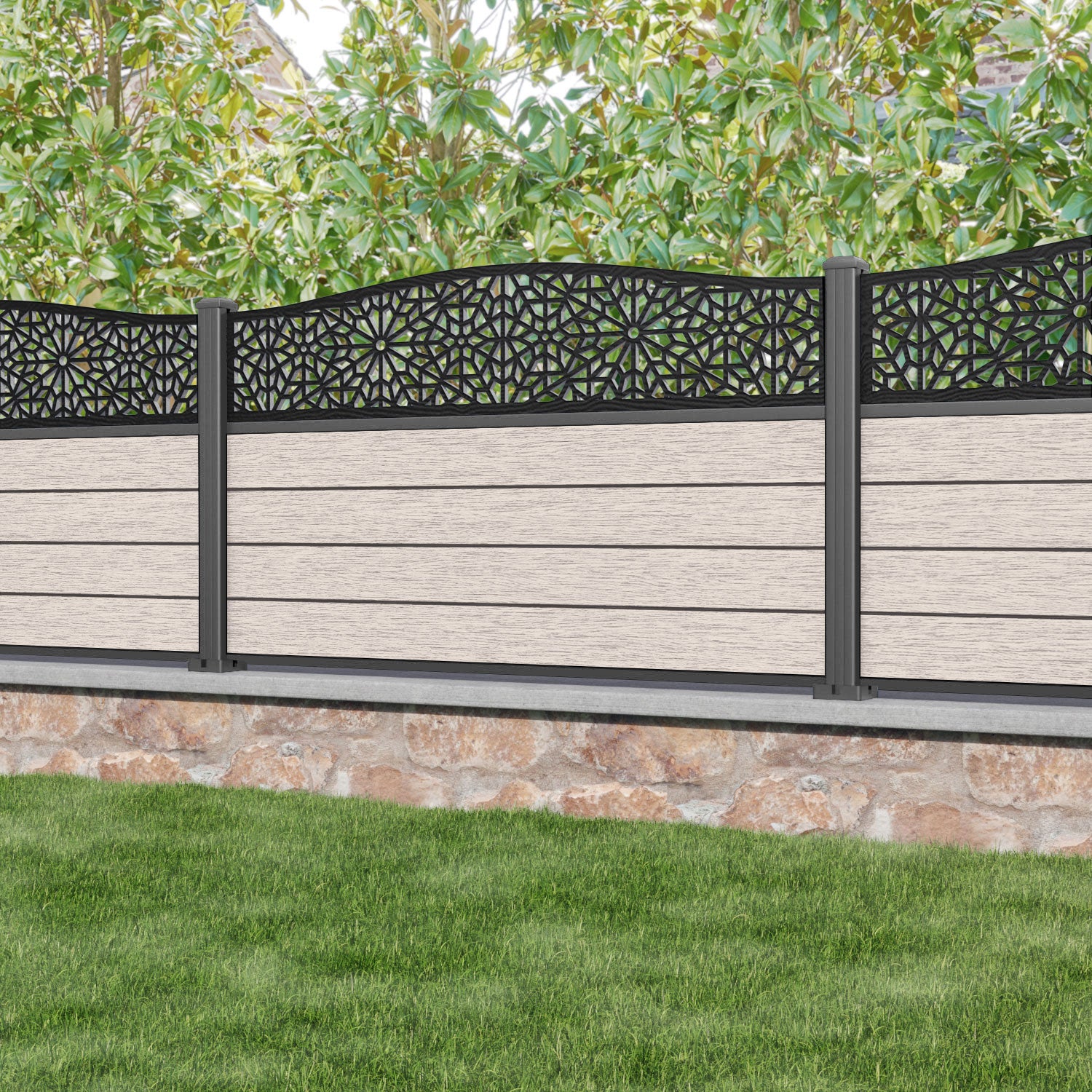 Fusion Alnara Curved Top Fence Panel - Mid Stone - with our aluminium posts