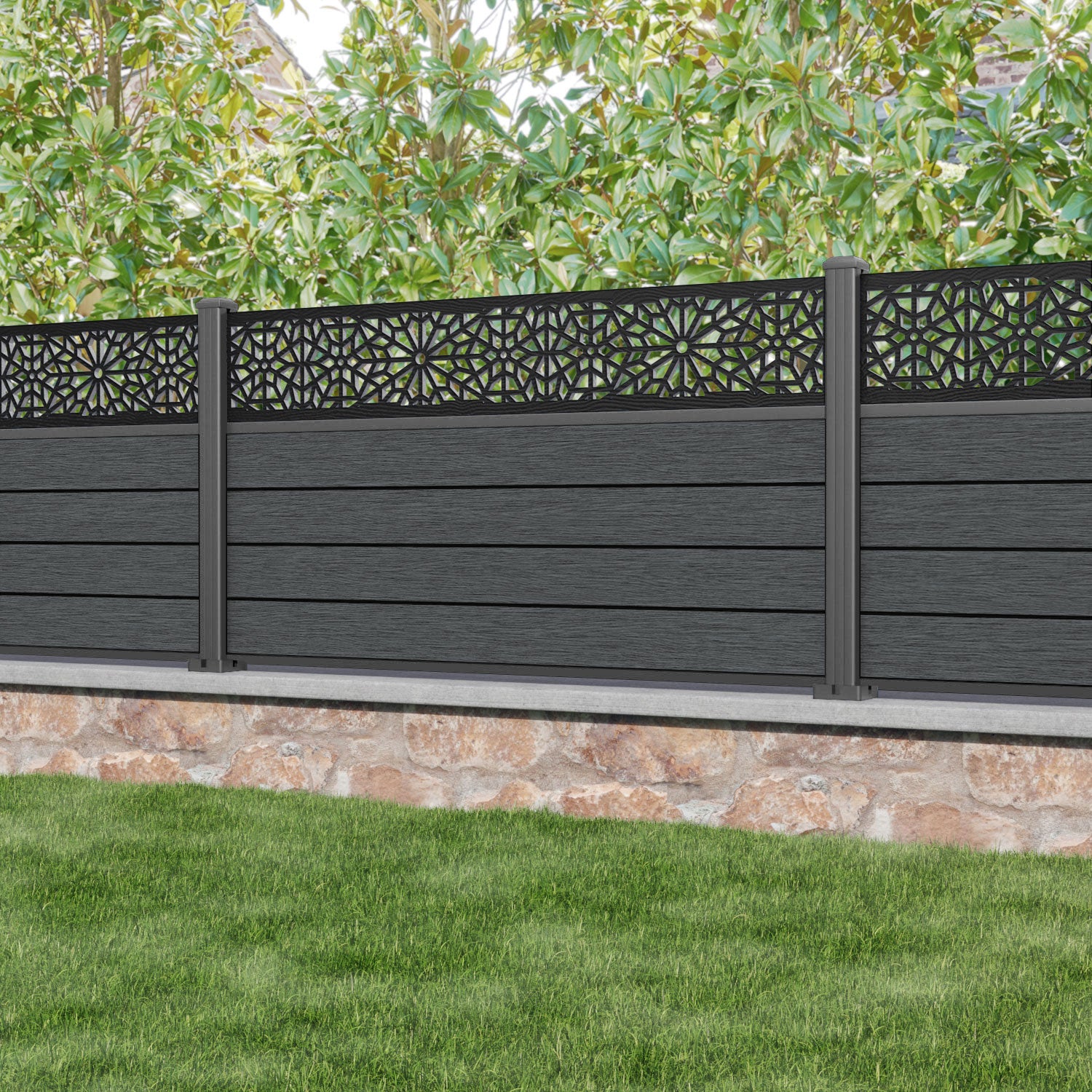 Fusion Alnara Fence Panel - Dark Grey - with our aluminium posts