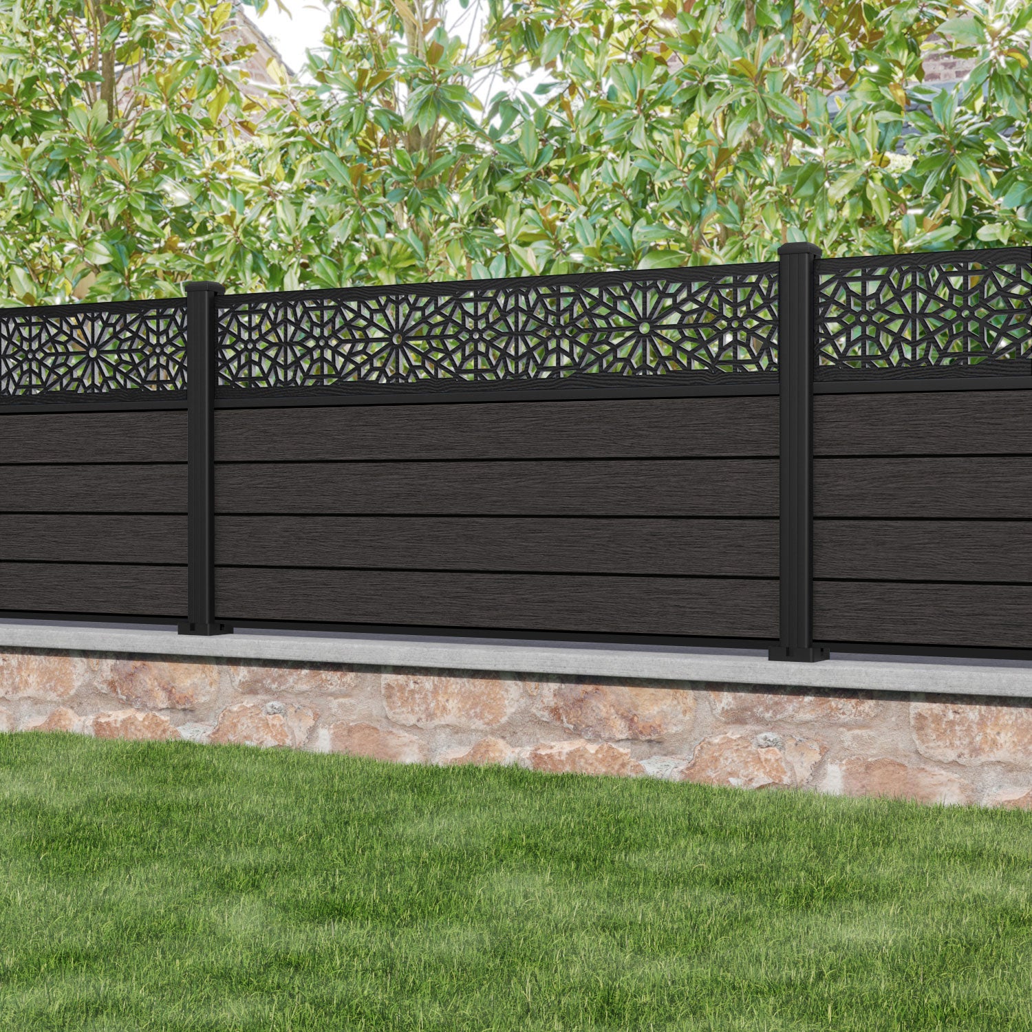 Fusion Alnara Fence Panel - Dark Oak - with our aluminium posts