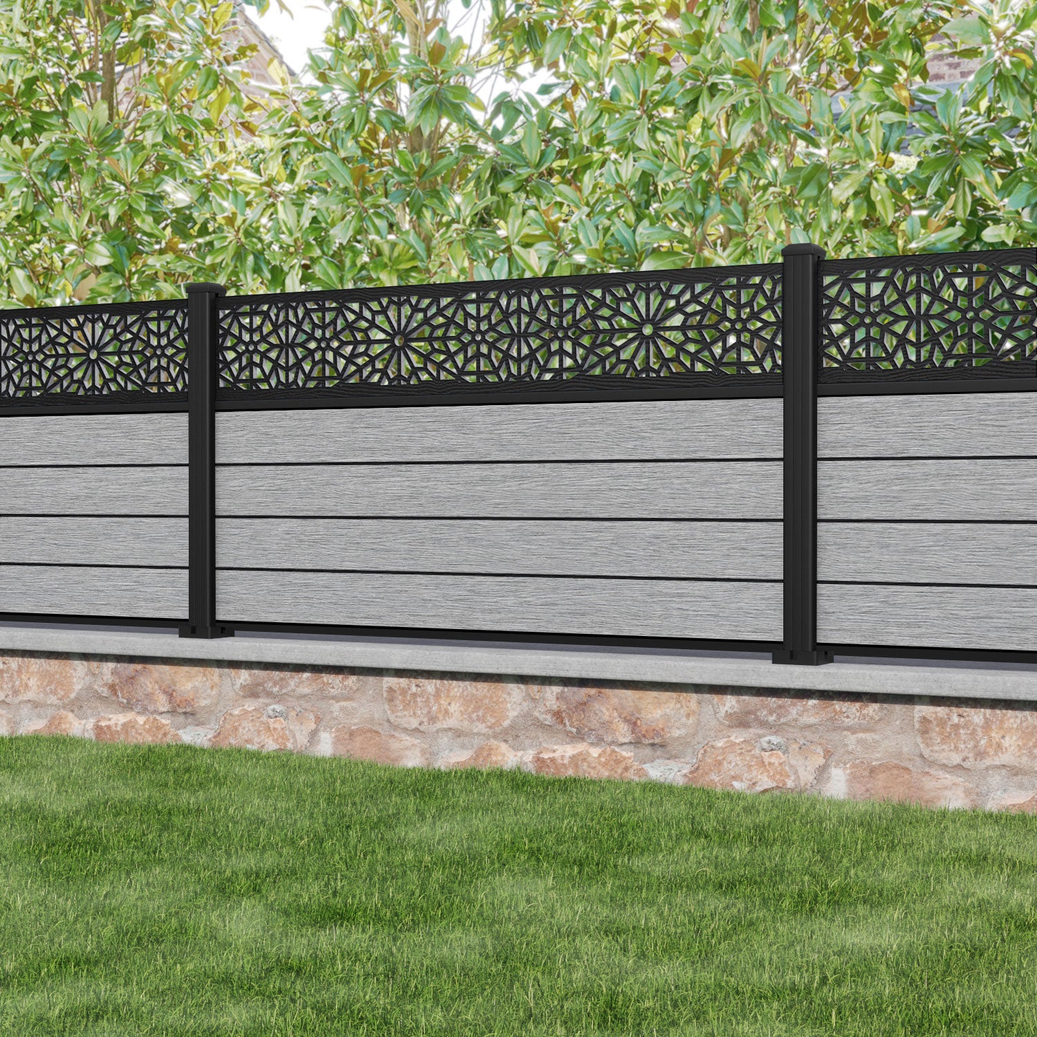 Fusion Alnara Fence Panel - Light Grey - with our aluminium posts