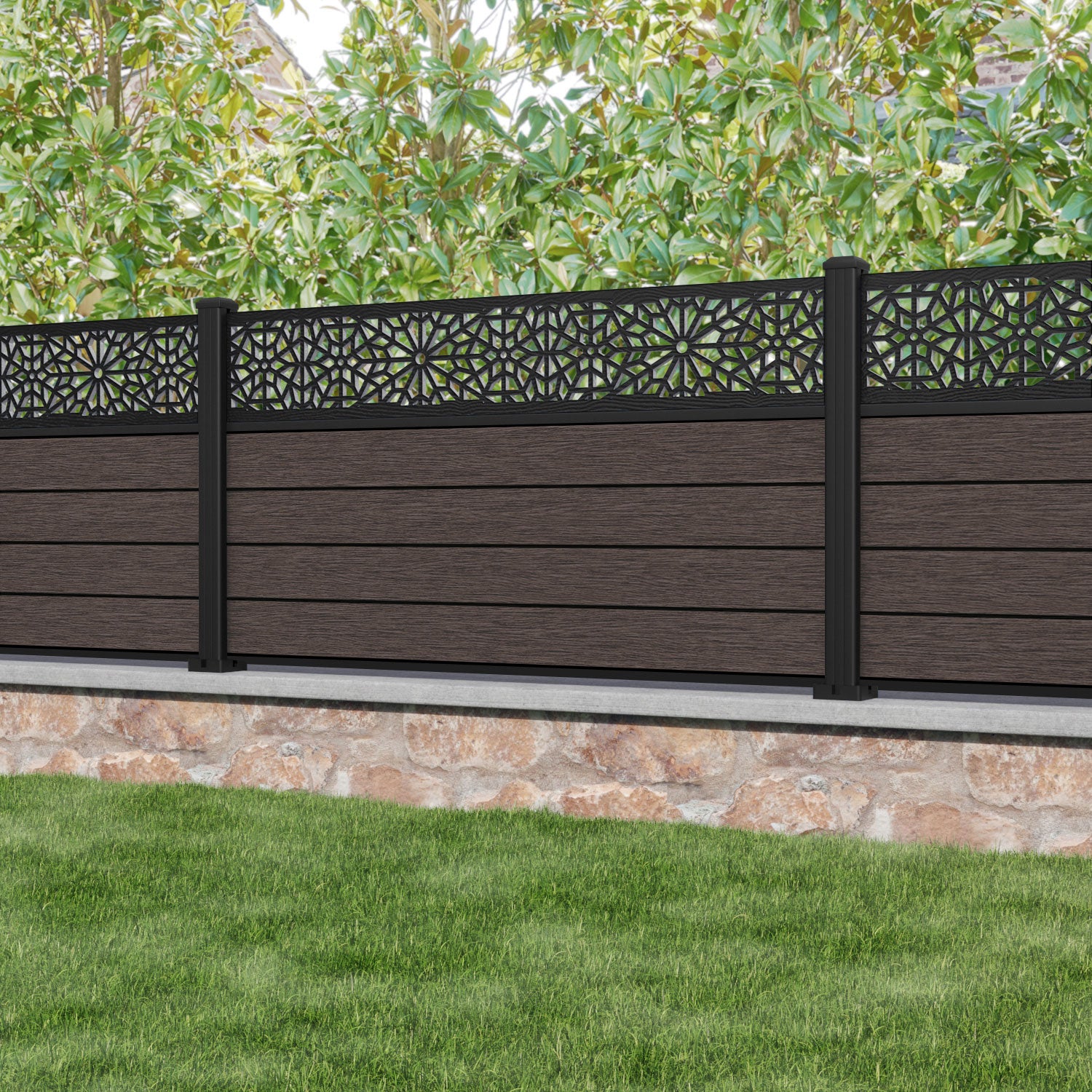 Fusion Alnara Fence Panel - Mid Brown - with our aluminium posts