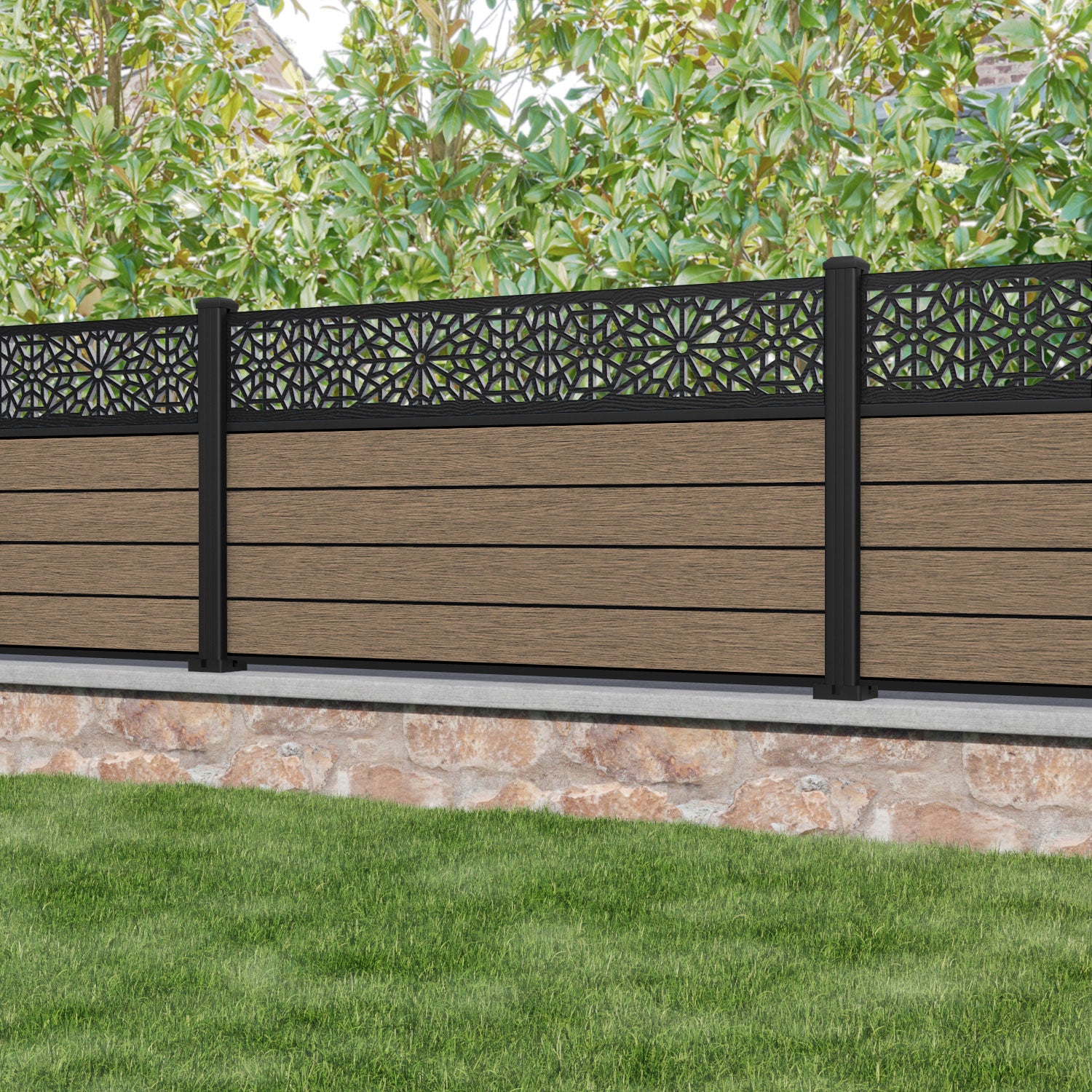 Fusion Alnara Fence Panel - Teak - with our aluminium posts