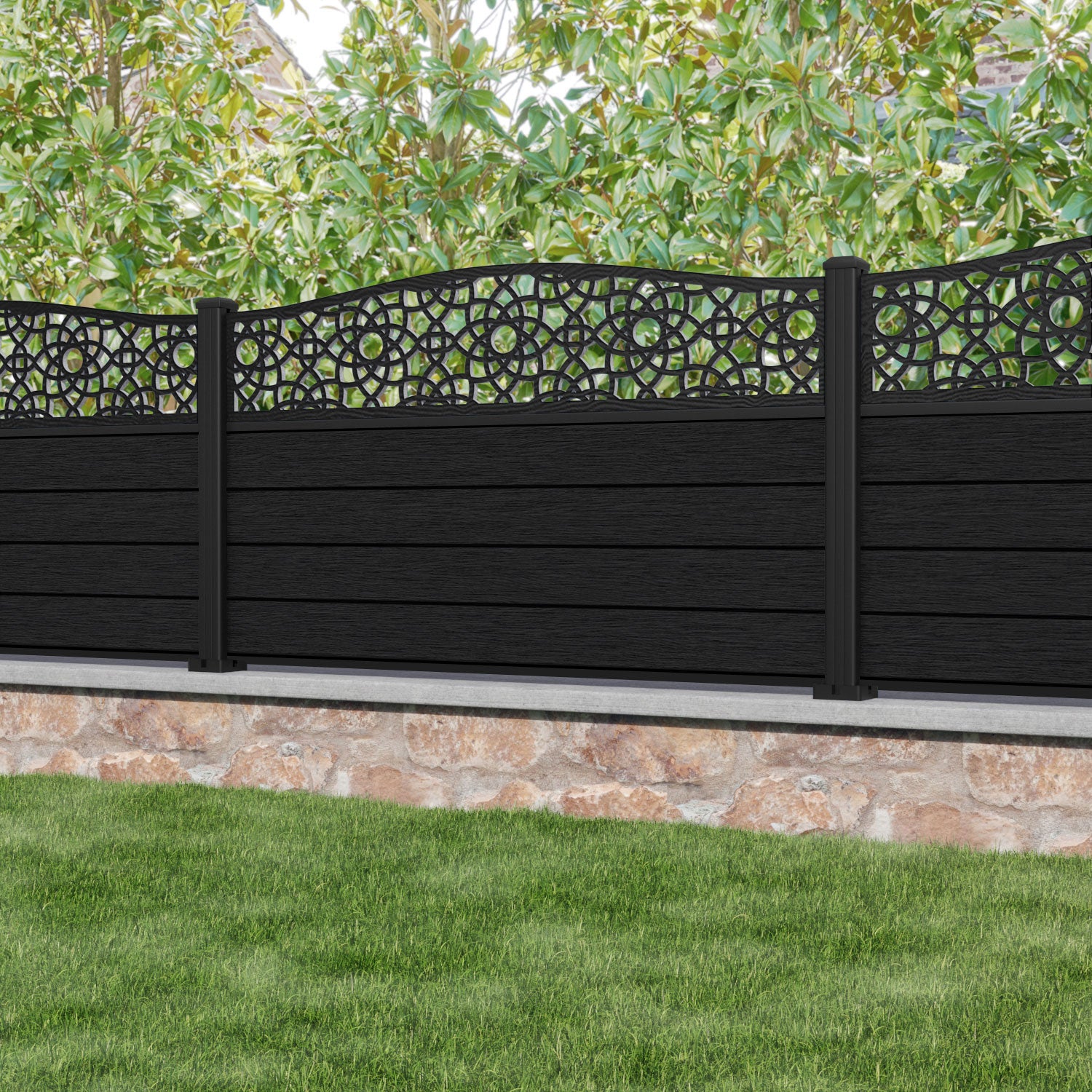 Fusion Ambar Curved Top Fence Panel - Black - with our aluminium posts