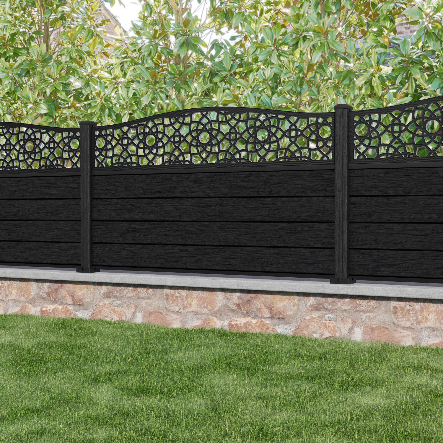 Fusion Ambar Curved Top Fence Panel - Black - with our composite posts