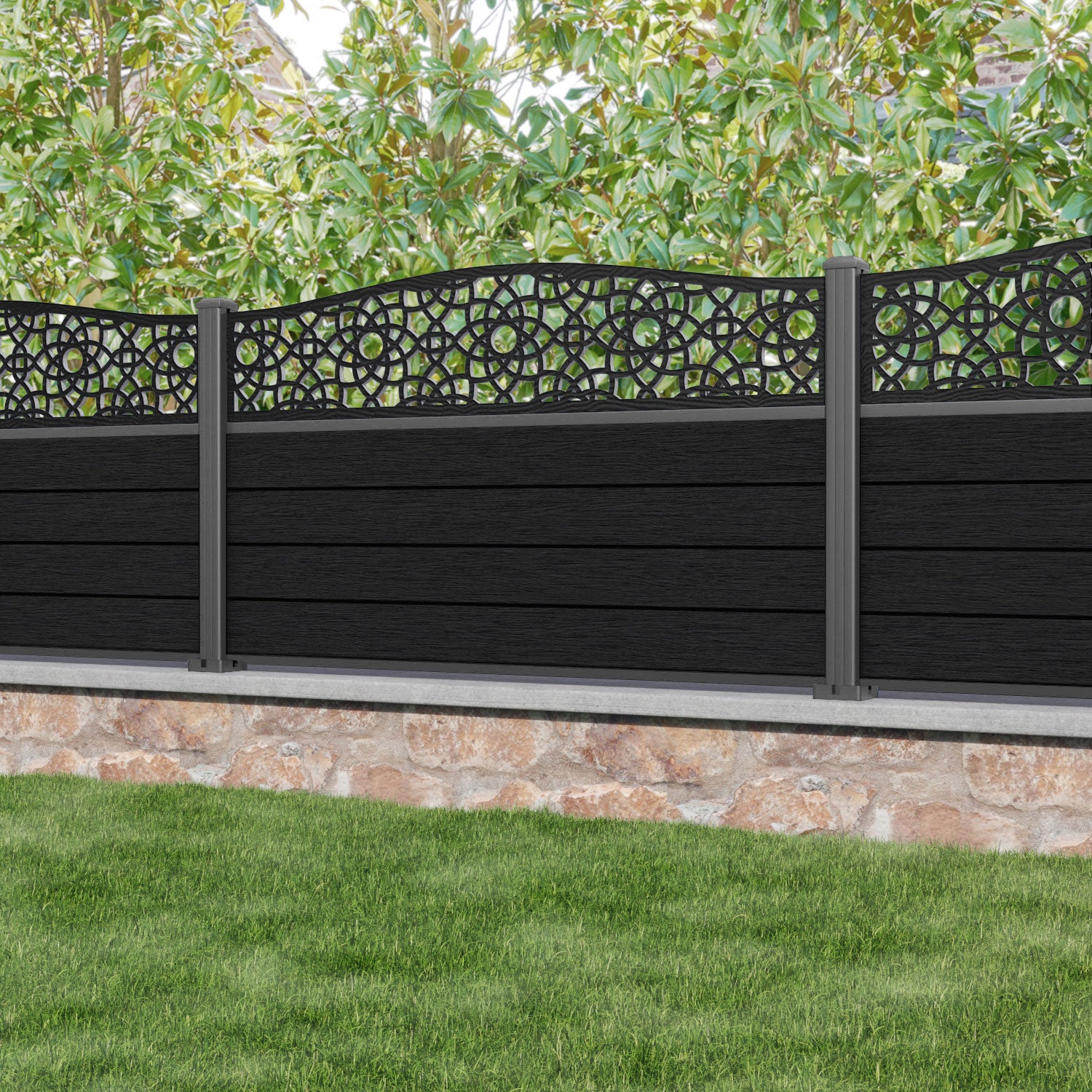 Fusion Ambar Curved Top Fence Panel - Black - with our aluminium posts
