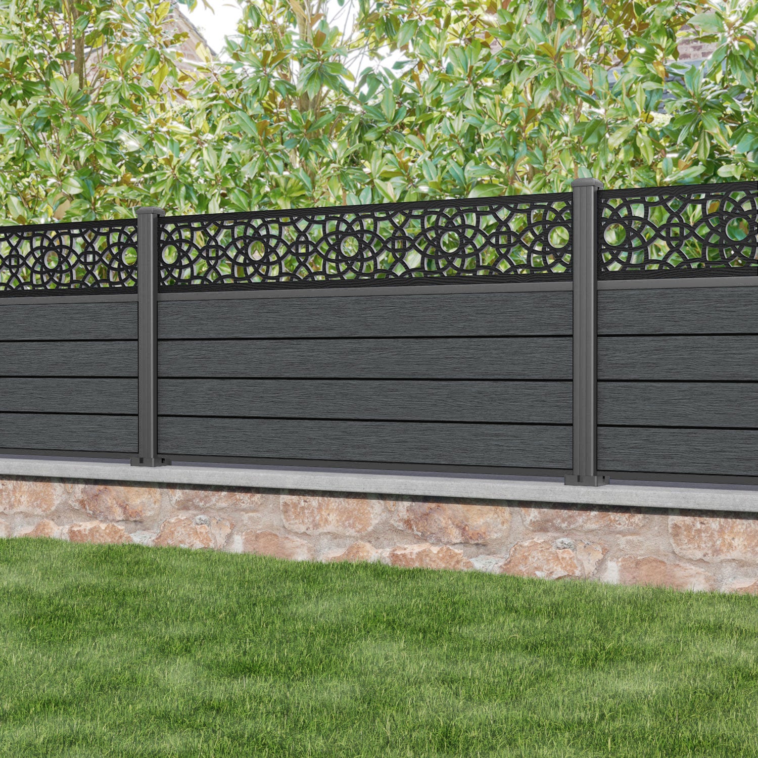 Fusion Ambar Fence Panel - Dark Grey - with our aluminium posts