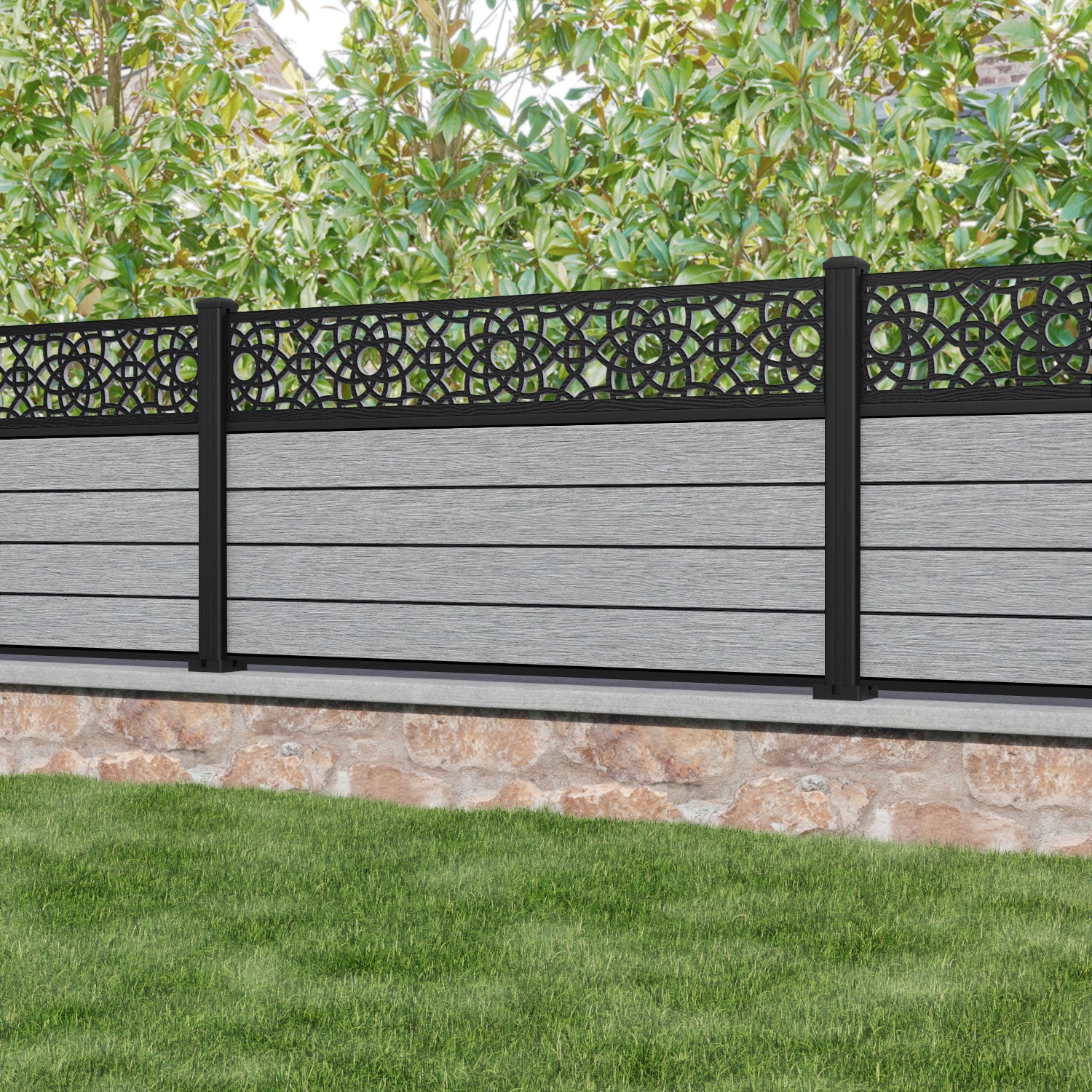 Fusion Ambar Fence Panel - Light Grey - with our aluminium posts