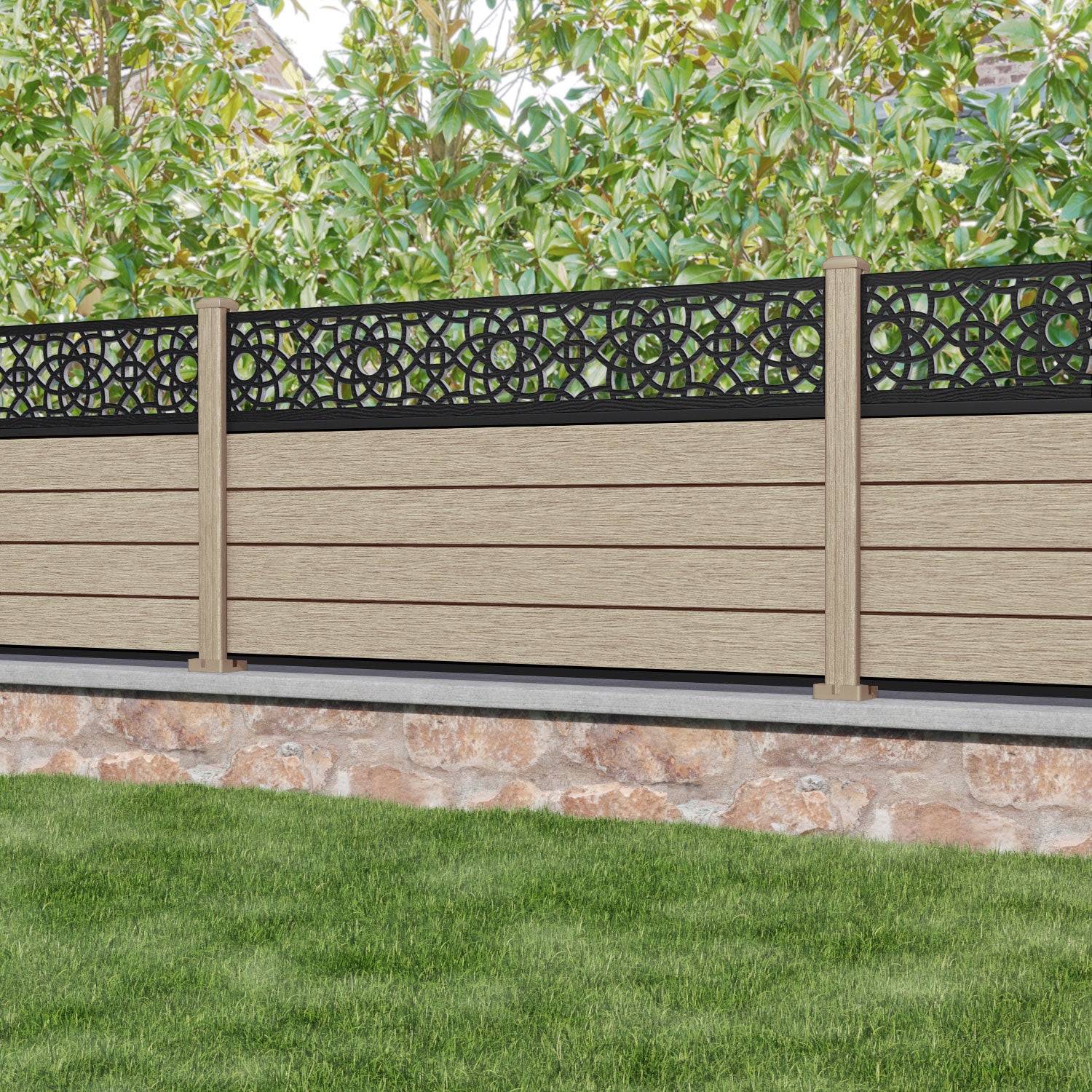 Fusion Ambar Fence Panel - Light Oak - with our composite posts