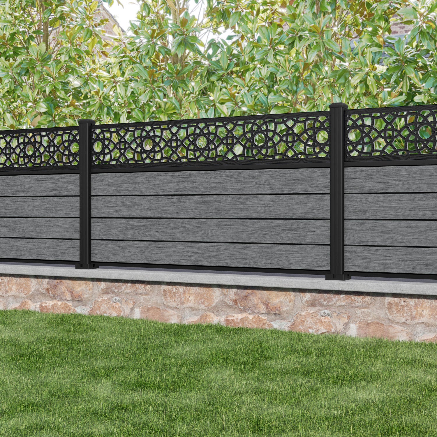 Fusion Ambar Fence Panel - Mid Grey - with our aluminium posts