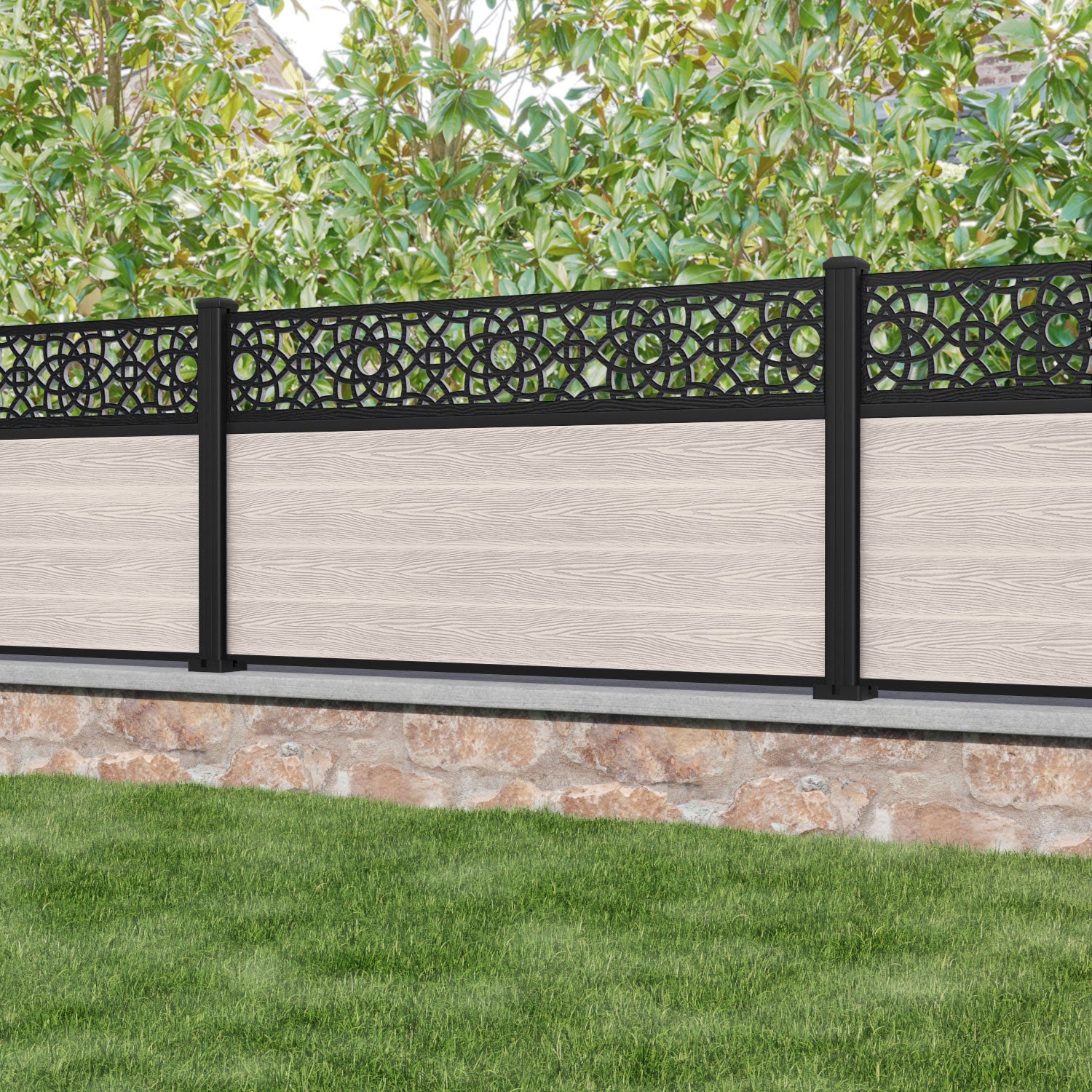 Classic Ambar Fence Panel - Mid Stone - with our aluminium posts