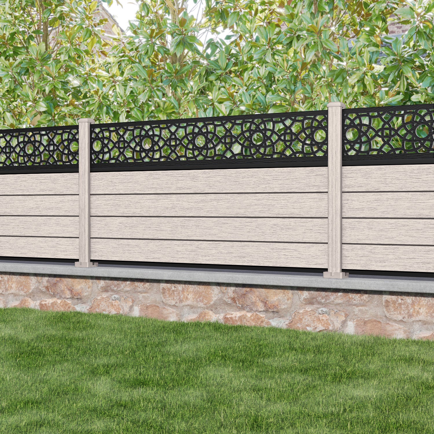 Fusion Ambar Fence Panel - Mid Stone - with our composite posts