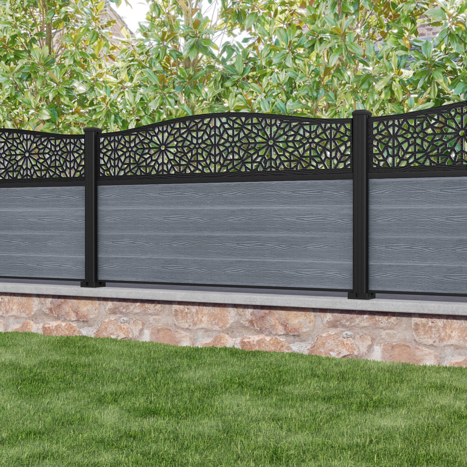 Classic Alnara Curved Top Fence Panel - Anthracite - with our aluminium posts