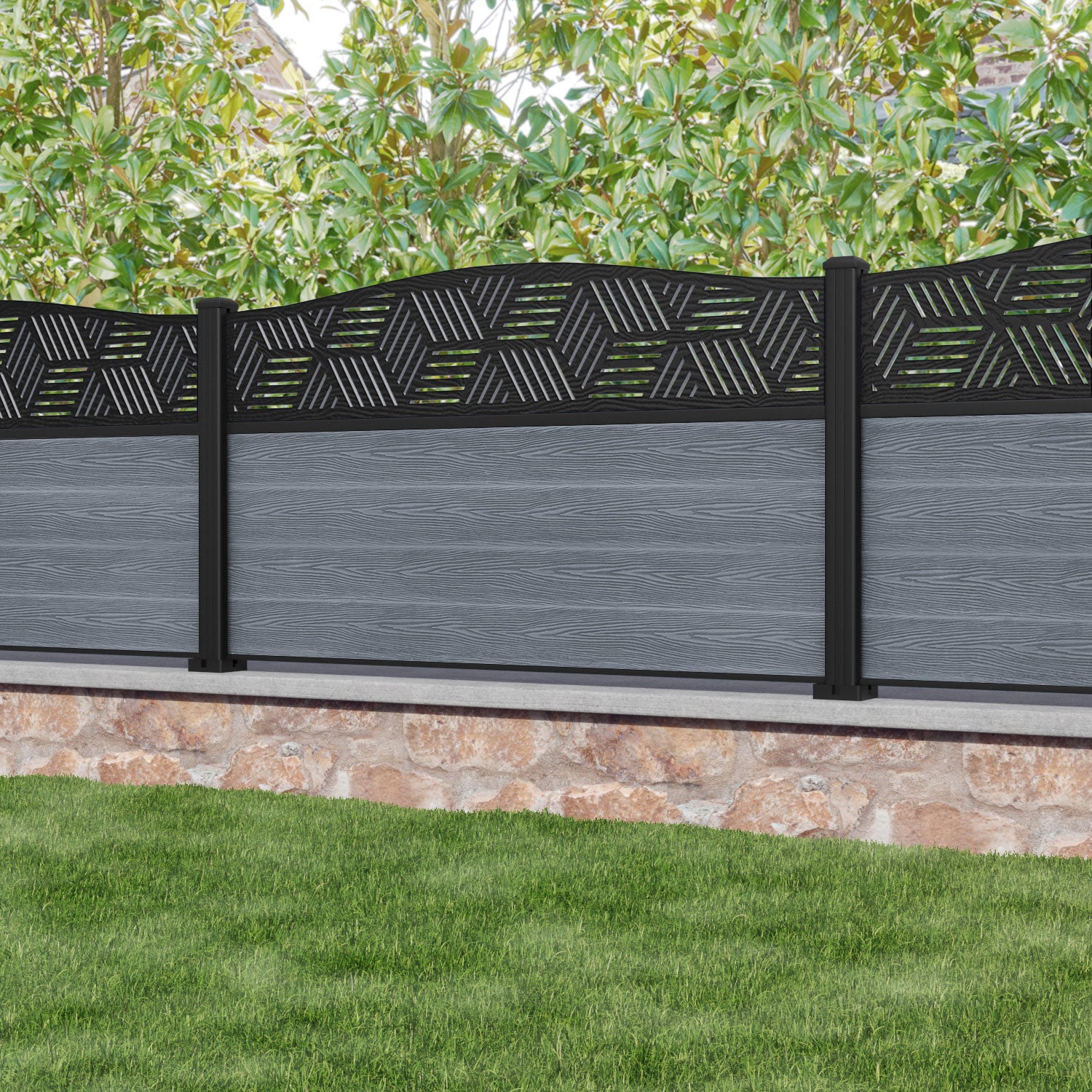 Classic Cubed Curved Top Fence Panel - Anthracite - with our aluminium posts