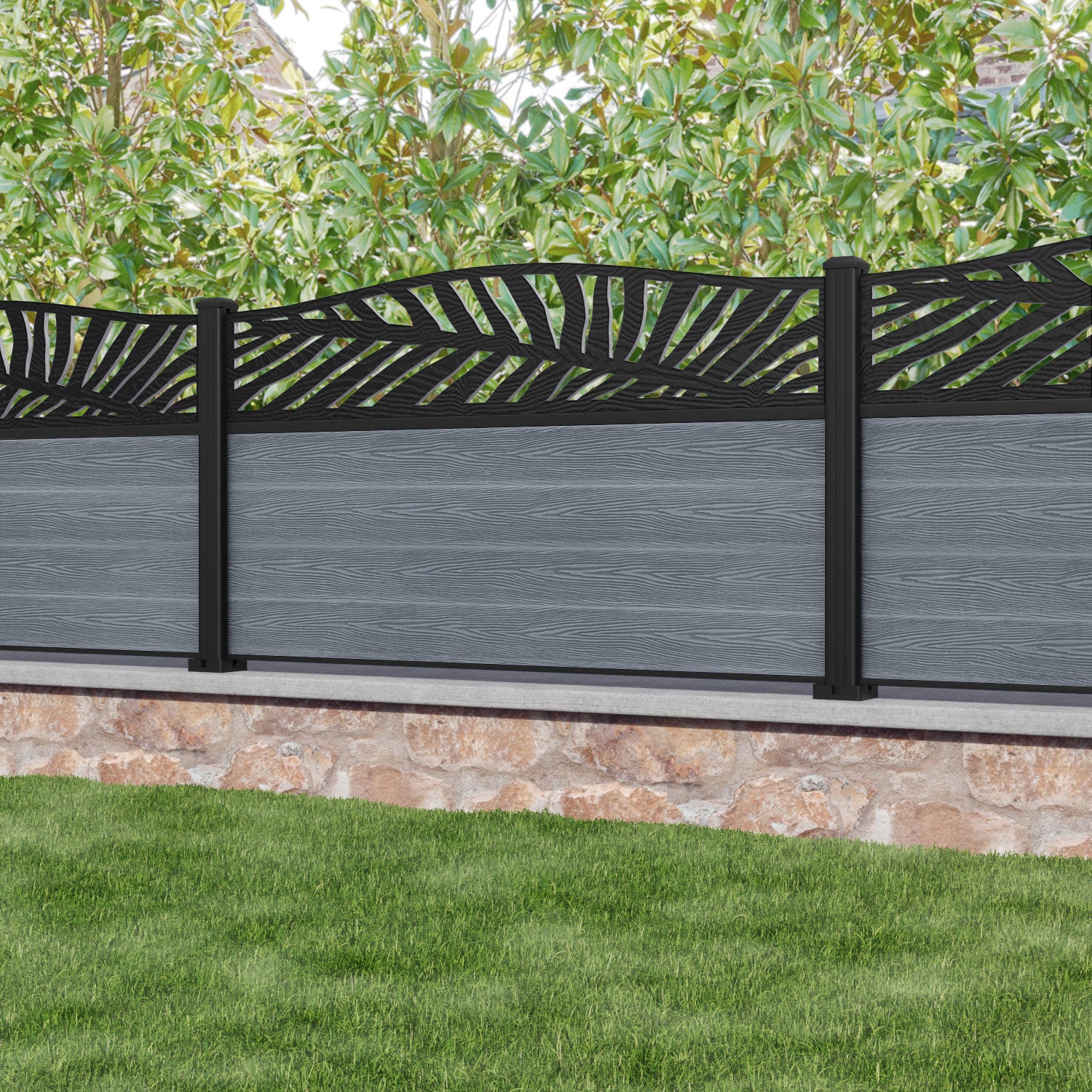 Classic Palm Curved Top Fence Panel - Anthracite - with our aluminium posts