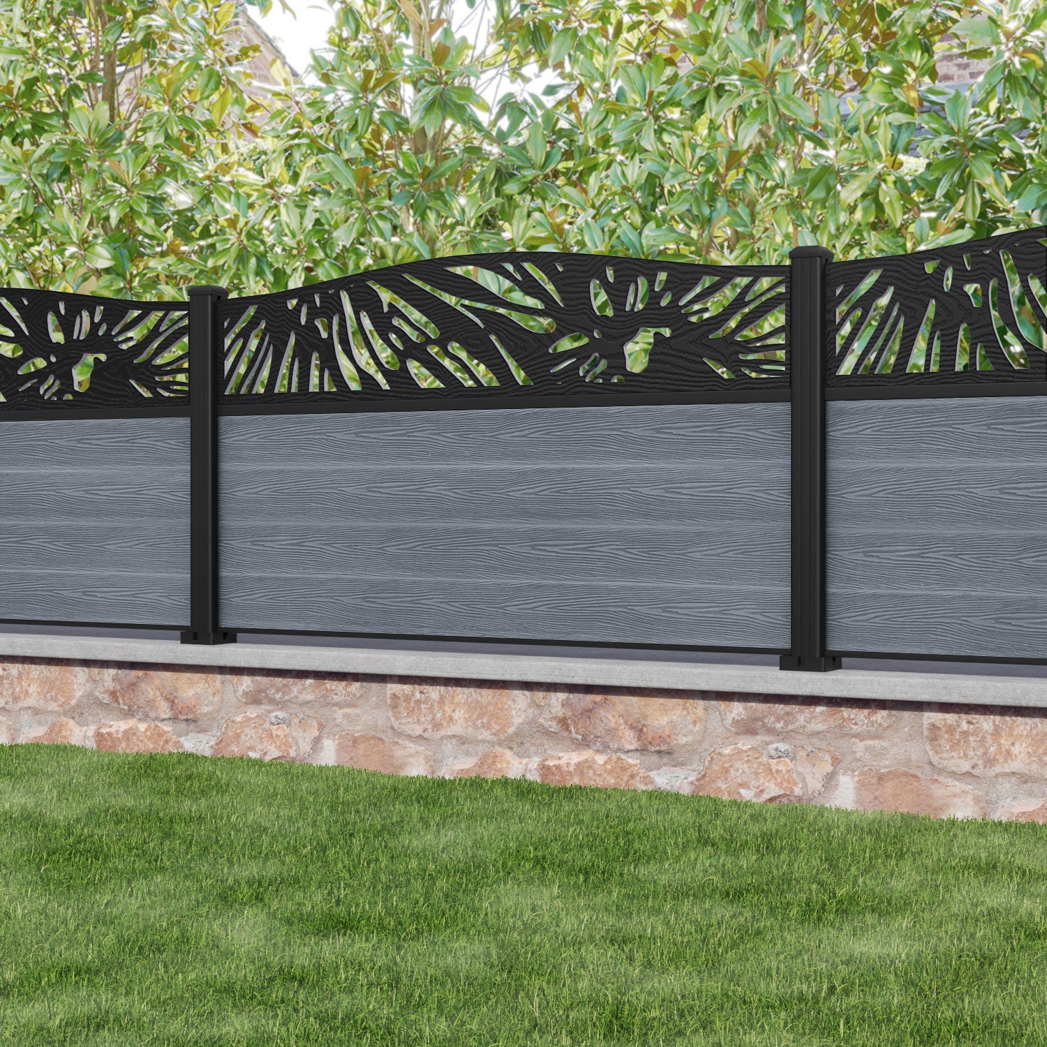 Classic Poppy Curved Top Fence Panel - Anthracite - with our aluminium posts