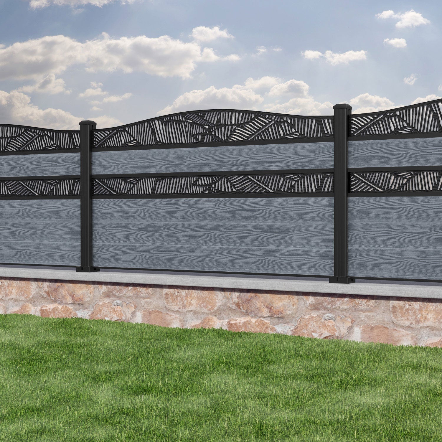Classic Feather Curved Top Split Screen Fence Panel - Anthracite - with our aluminium posts