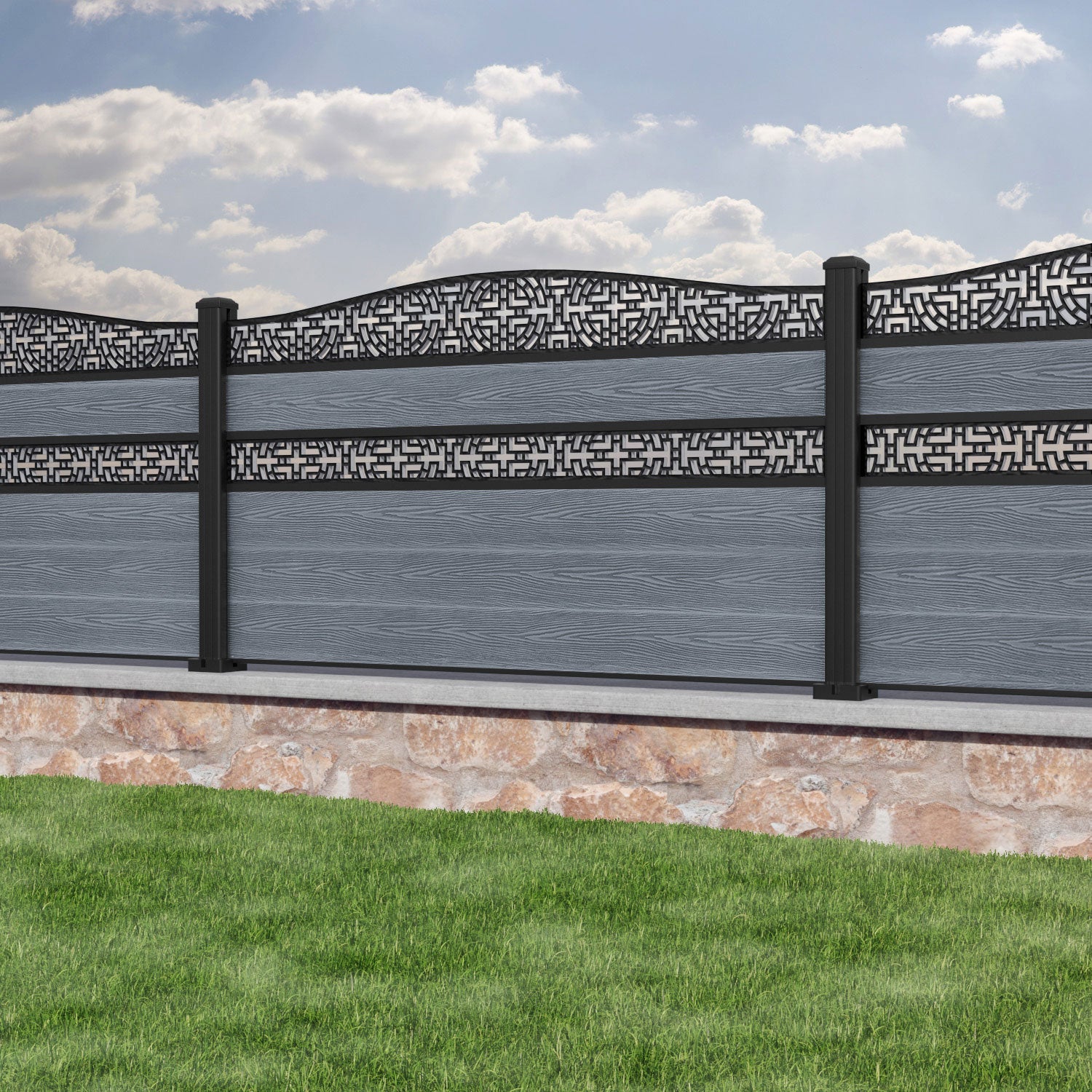 Classic Kumo Curved Top Split Screen Fence Panel - Anthracite - with our aluminium posts
