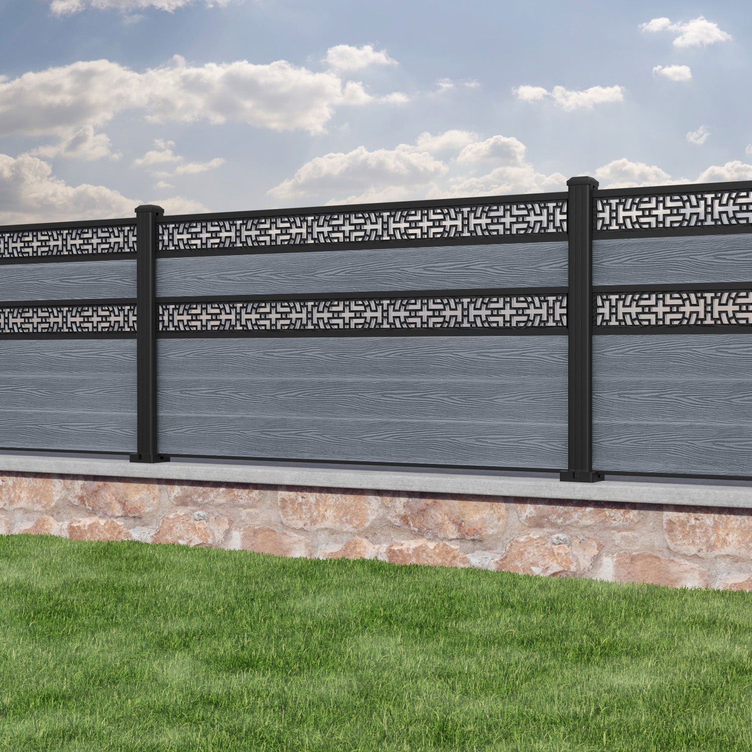 Classic Kumo Split Screen Fence Panel - Anthracite - with our aluminium posts