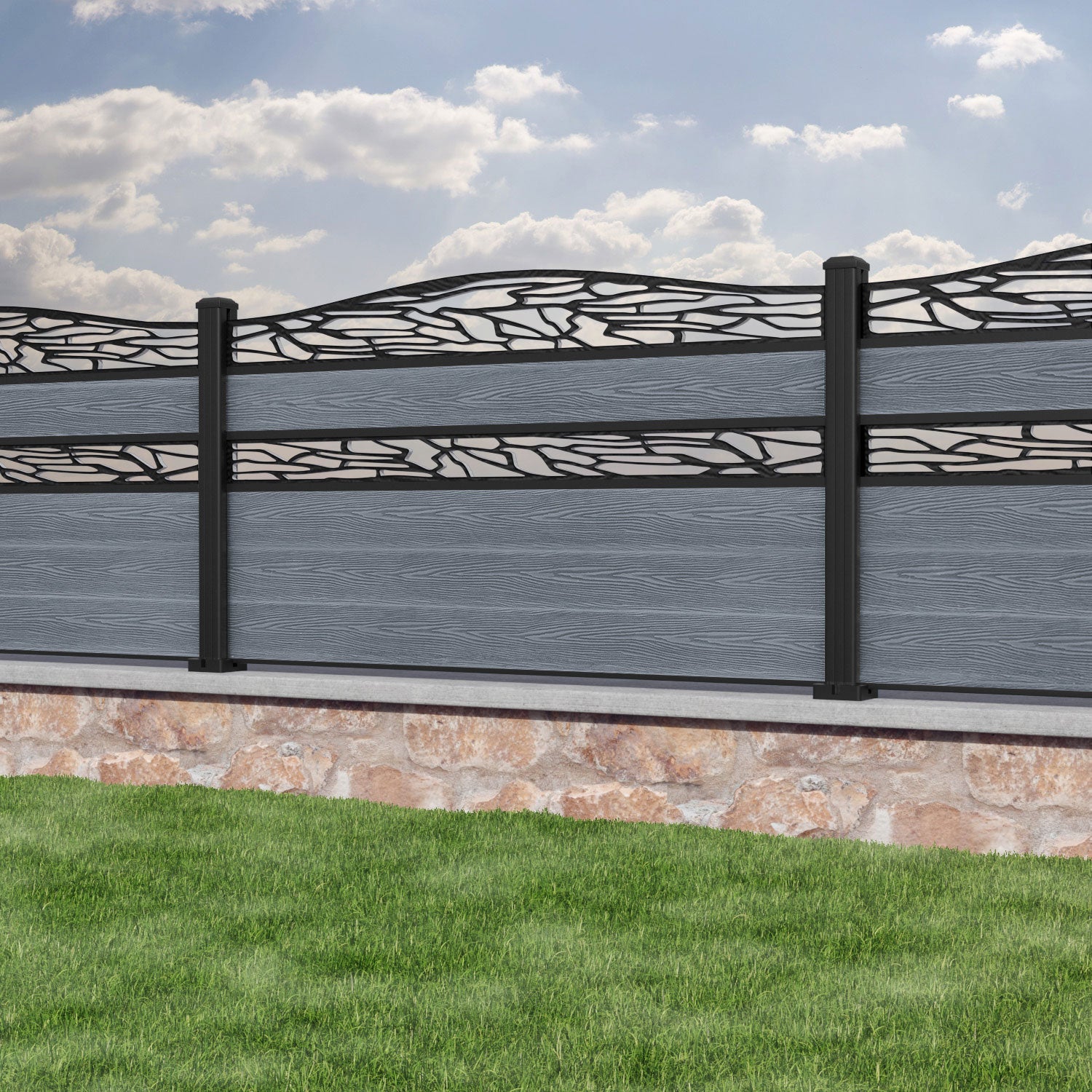 Classic Shatter Curved Top Split Screen Fence Panel - Anthracite - with our aluminium posts