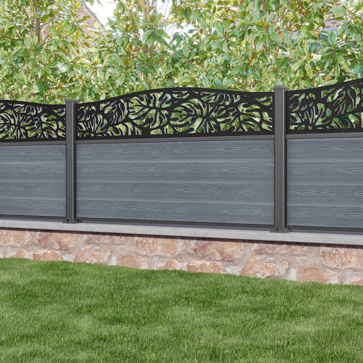 Classic Botanic Curved Top Fence Panel - Anthracite - with our aluminium posts