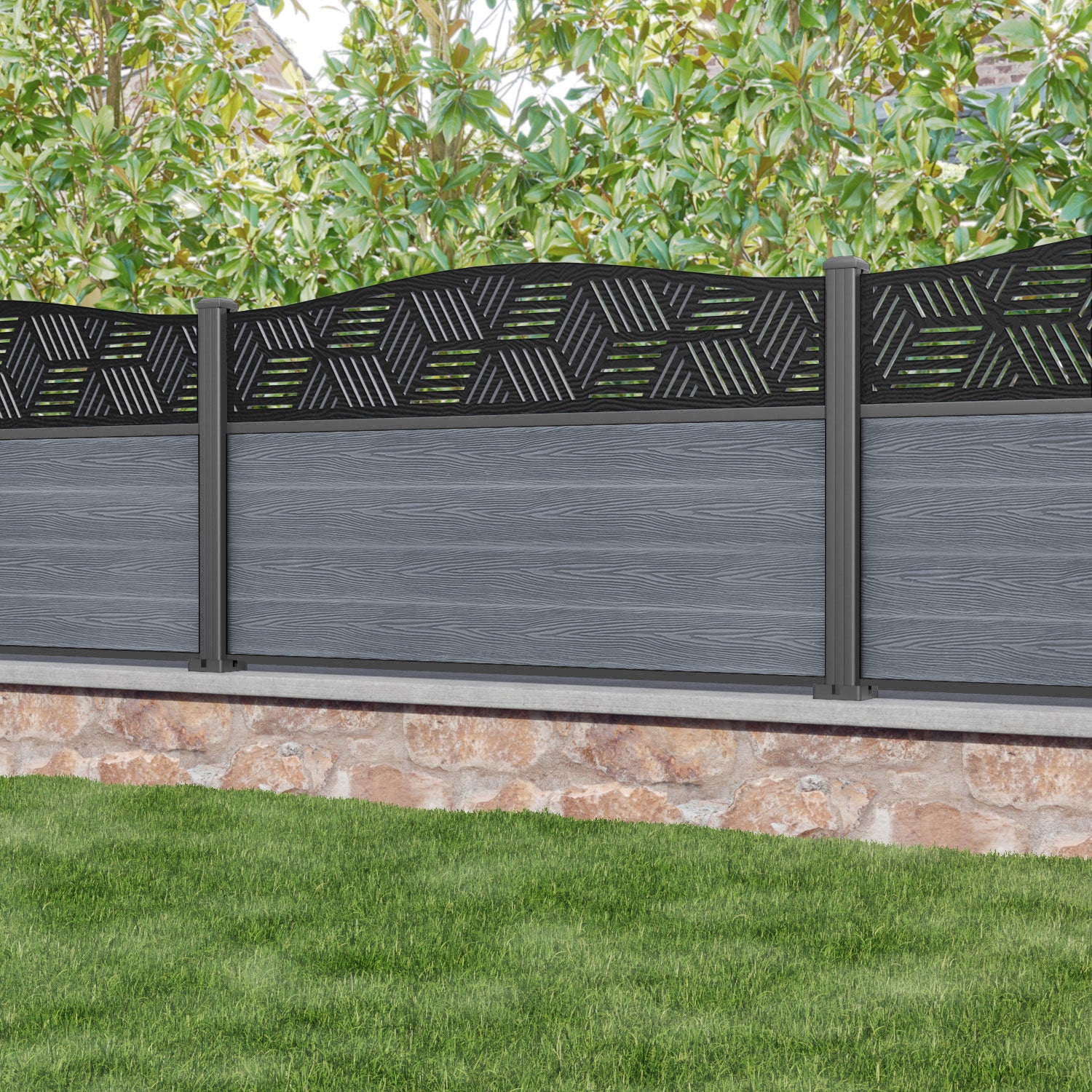 Classic Cubed Curved Top Fence Panel - Anthracite - with our aluminium posts