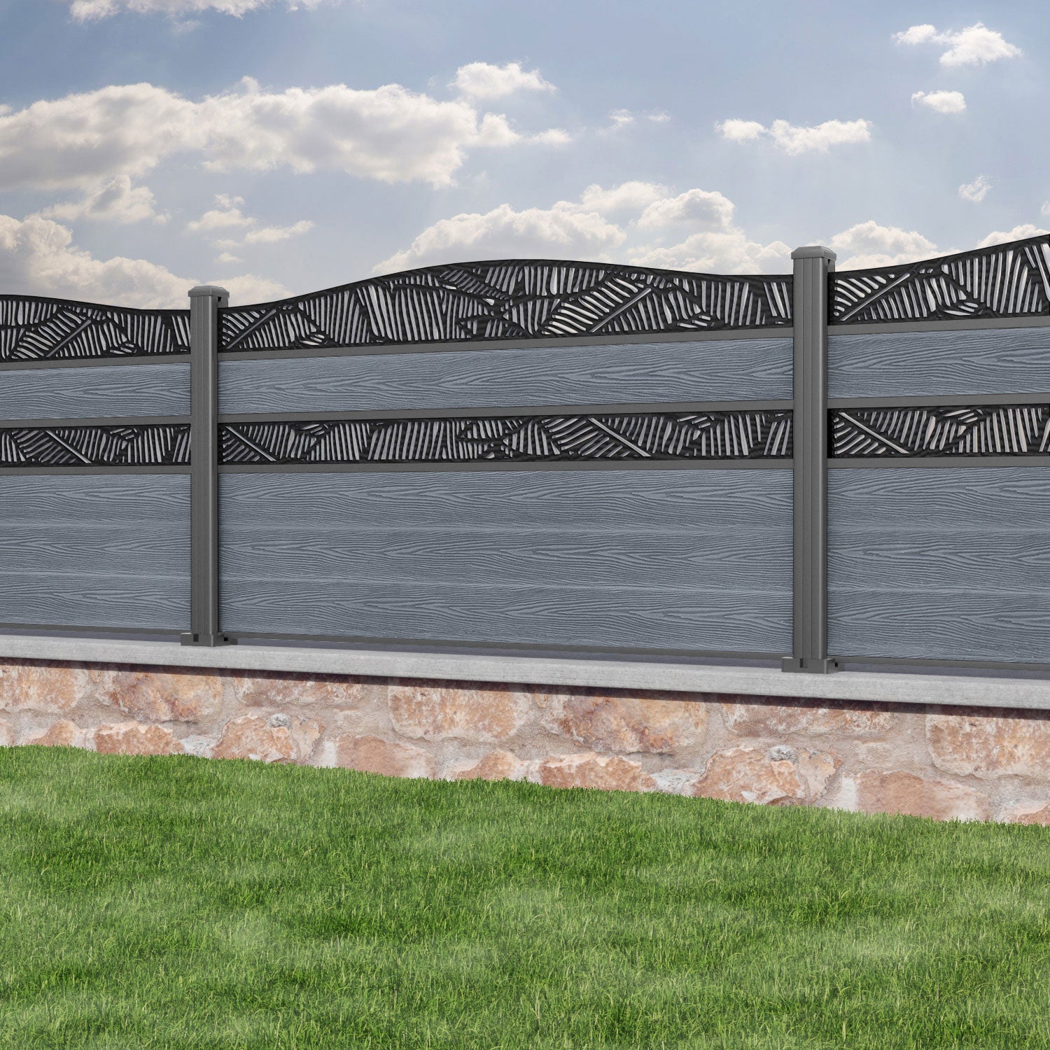Classic Feather Curved Top Split Screen Fence Panel - Anthracite - with our aluminium posts
