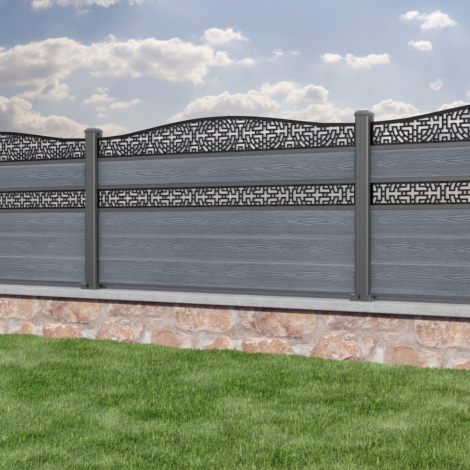 Classic Kumo Curved Top Split Screen Fence Panel - Anthracite - with our aluminium posts