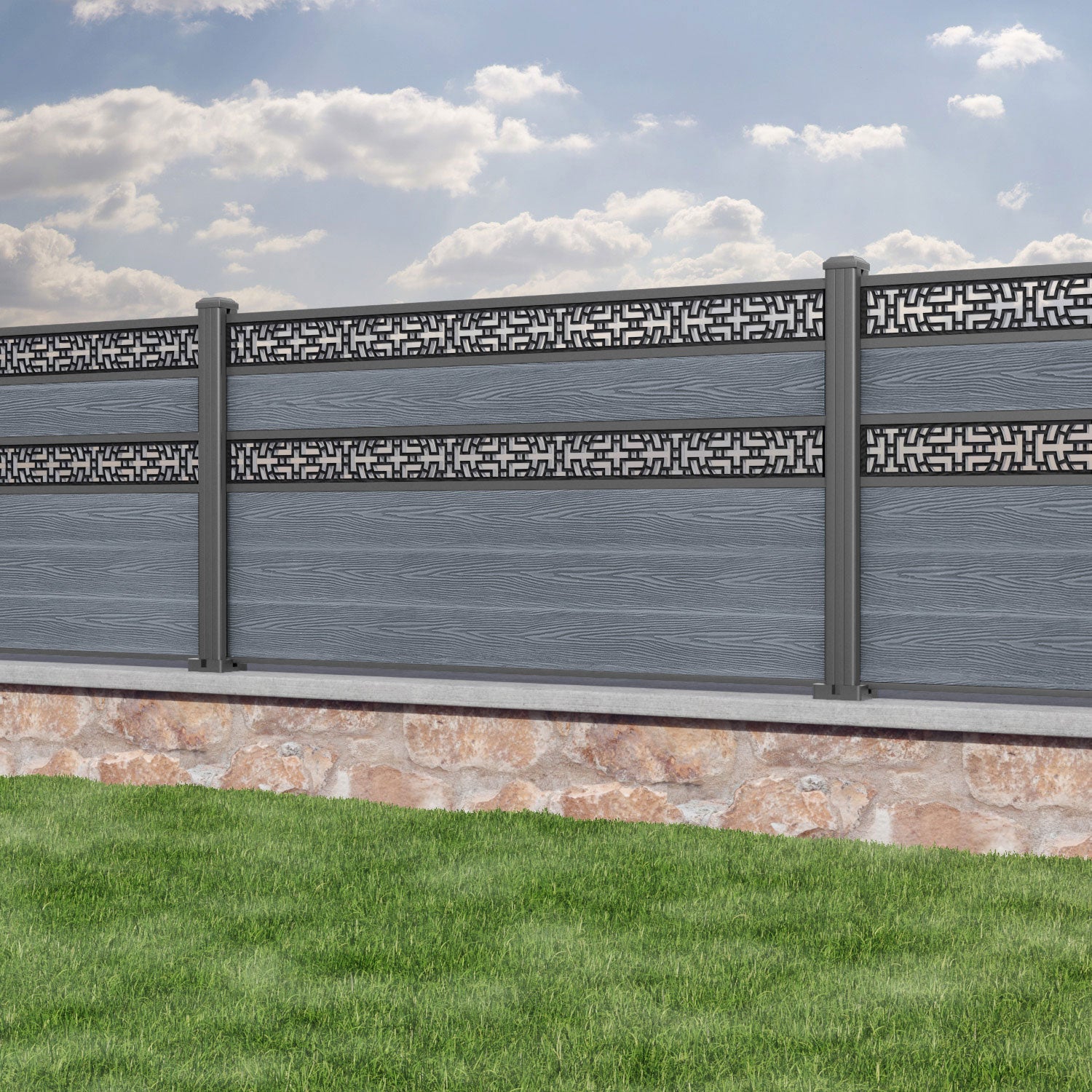 Classic Kumo Split Screen Fence Panel - Anthracite - with our aluminium posts