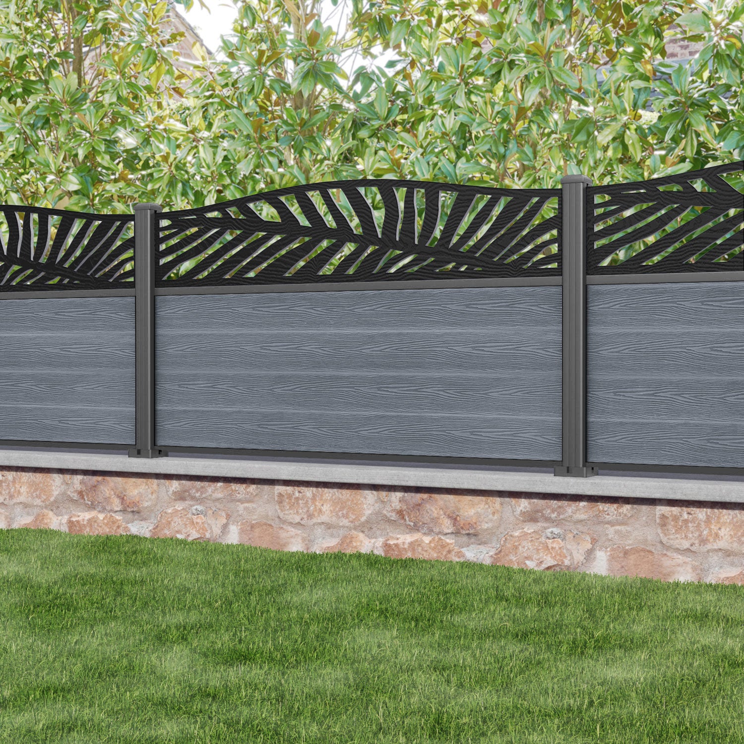 Classic Palm Curved Top Fence Panel - Anthracite - with our aluminium posts