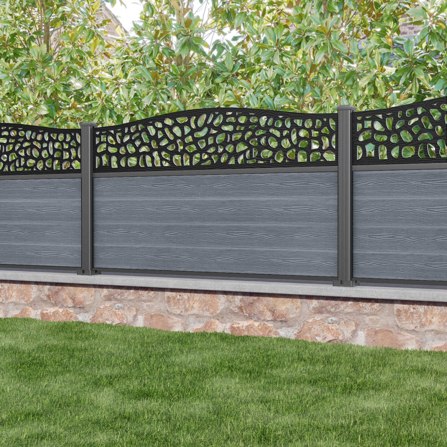 Classic Pebble Curved Top Fence Panel - Anthracite - with our aluminium posts