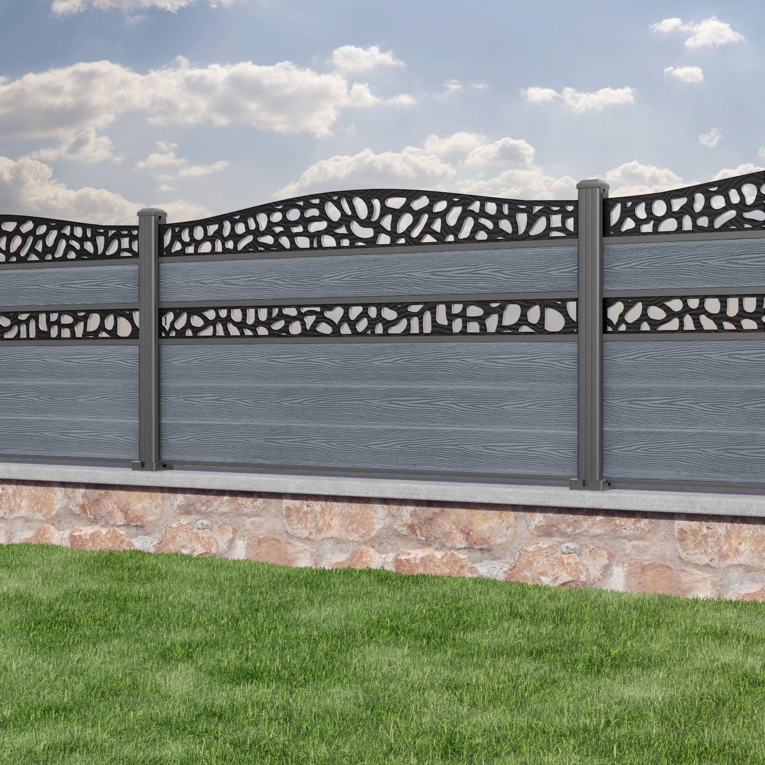 Classic Pebble Curved Top Split Screen Fence Panel - Anthracite - with our aluminium posts