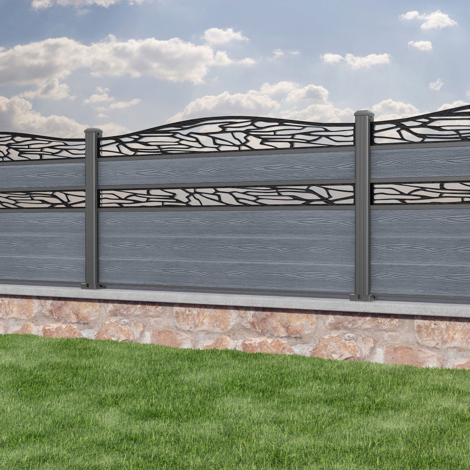 Classic Shatter Curved Top Split Screen Fence Panel - Anthracite - with our aluminium posts