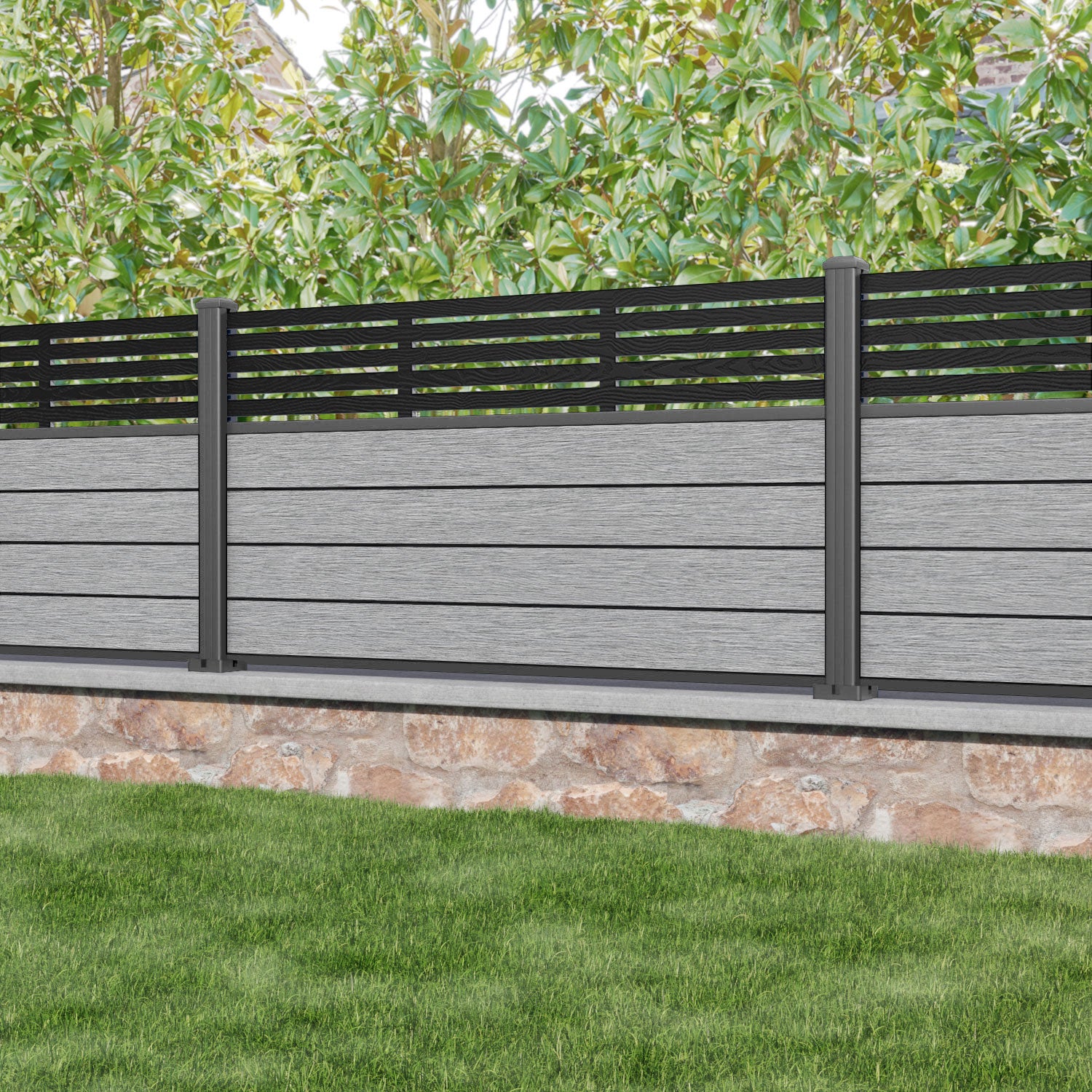 Fusion Aspen Fence Panel - Light Grey - with our aluminium posts