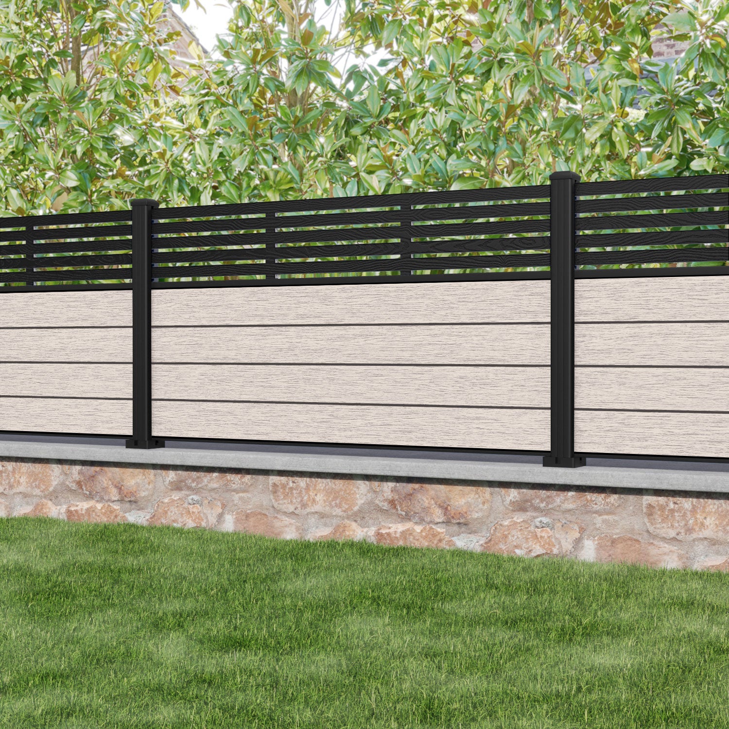 Fusion Aspen Fence Panel - Mid Stone - with our aluminium posts