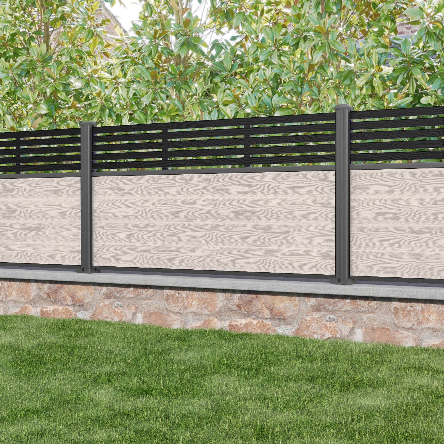 Classic Aspen Fence Panel - Mid Stone - with our aluminium posts