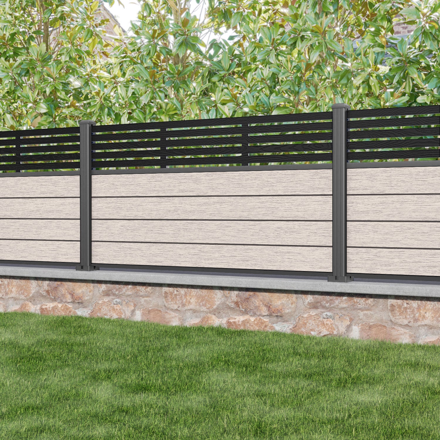Fusion Aspen Fence Panel - Mid Stone - with our aluminium posts