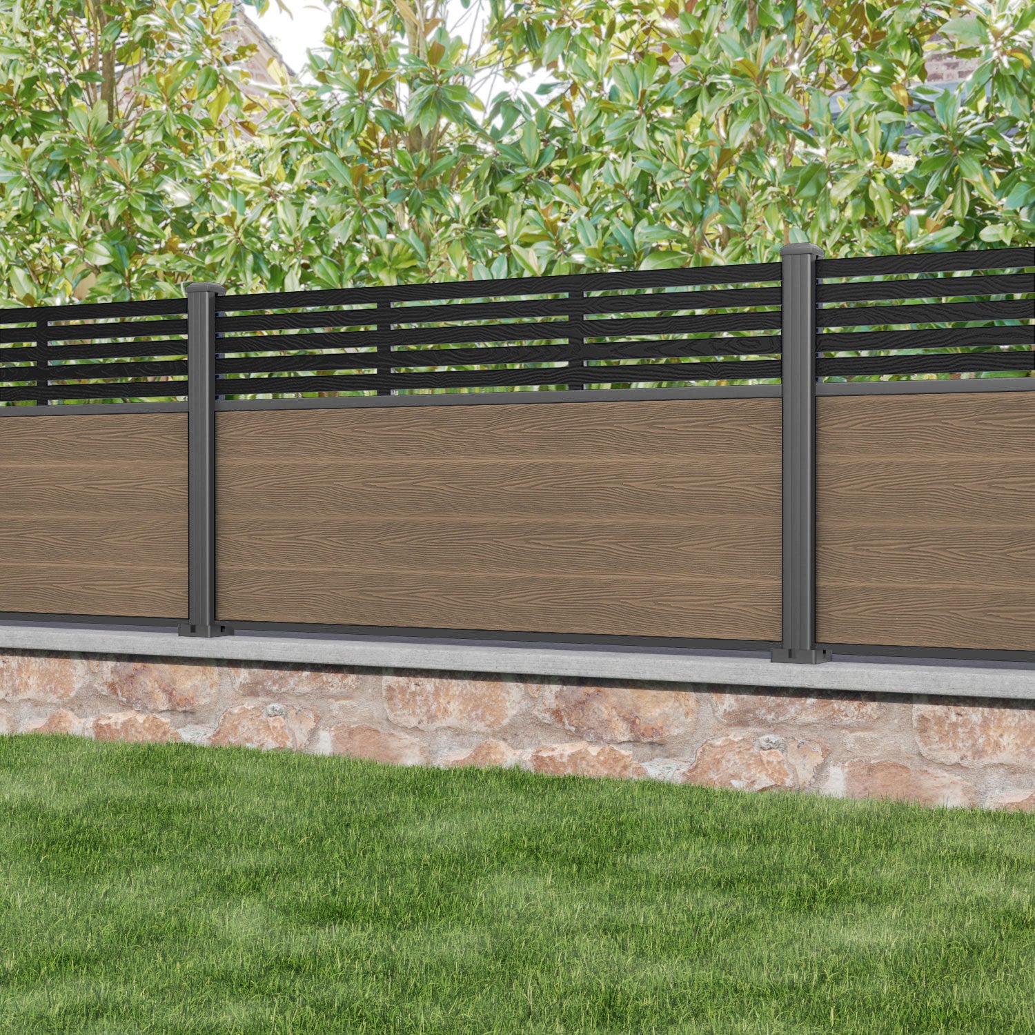 Classic Aspen Fence Panel - Teak - with our aluminium posts