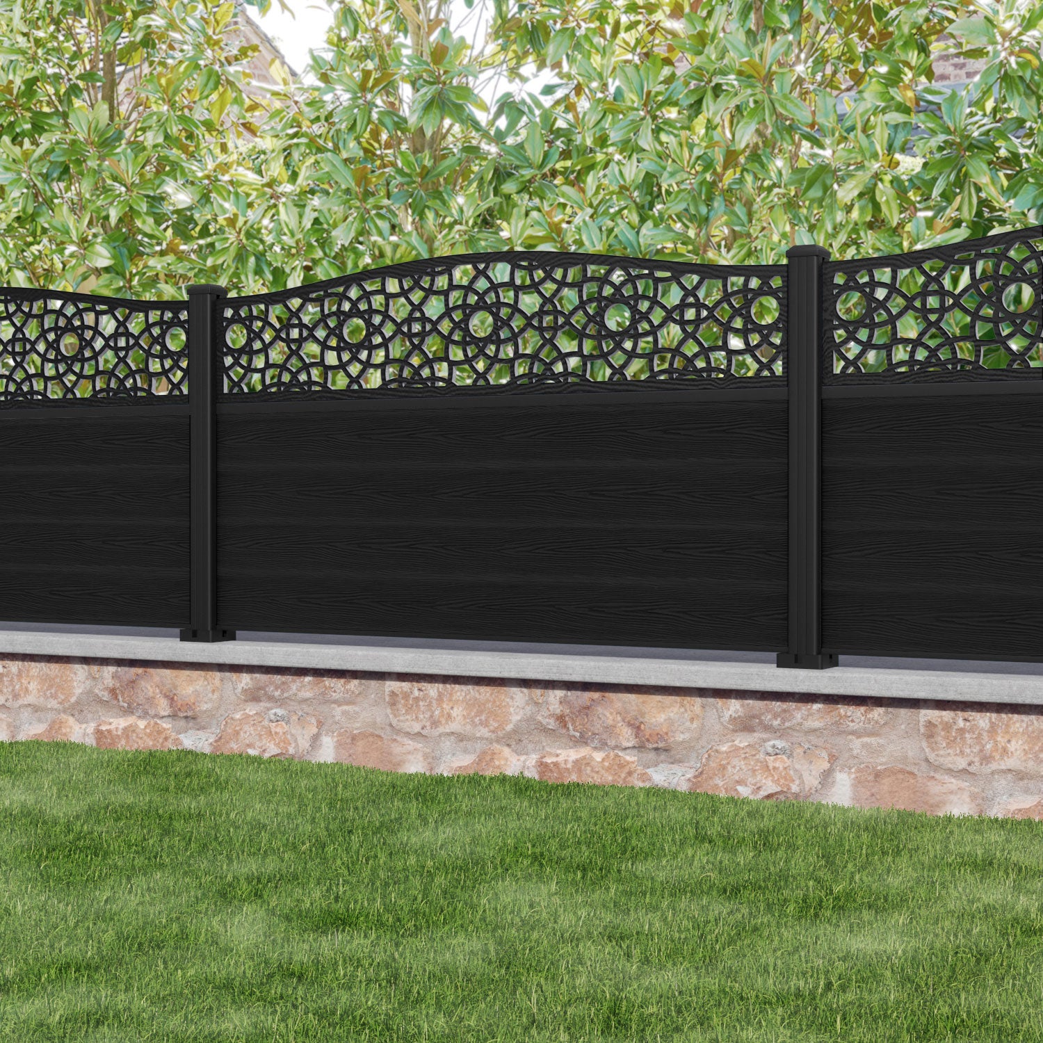 Classic Ambar Curved Top Fence Panel - Black - with our aluminium posts