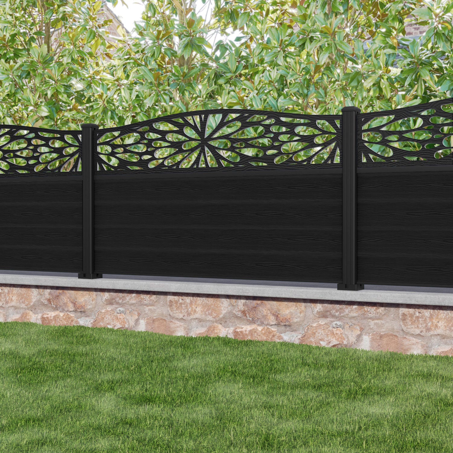 Classic Blossom Curved Top Fence Panel - Black - with our aluminium posts