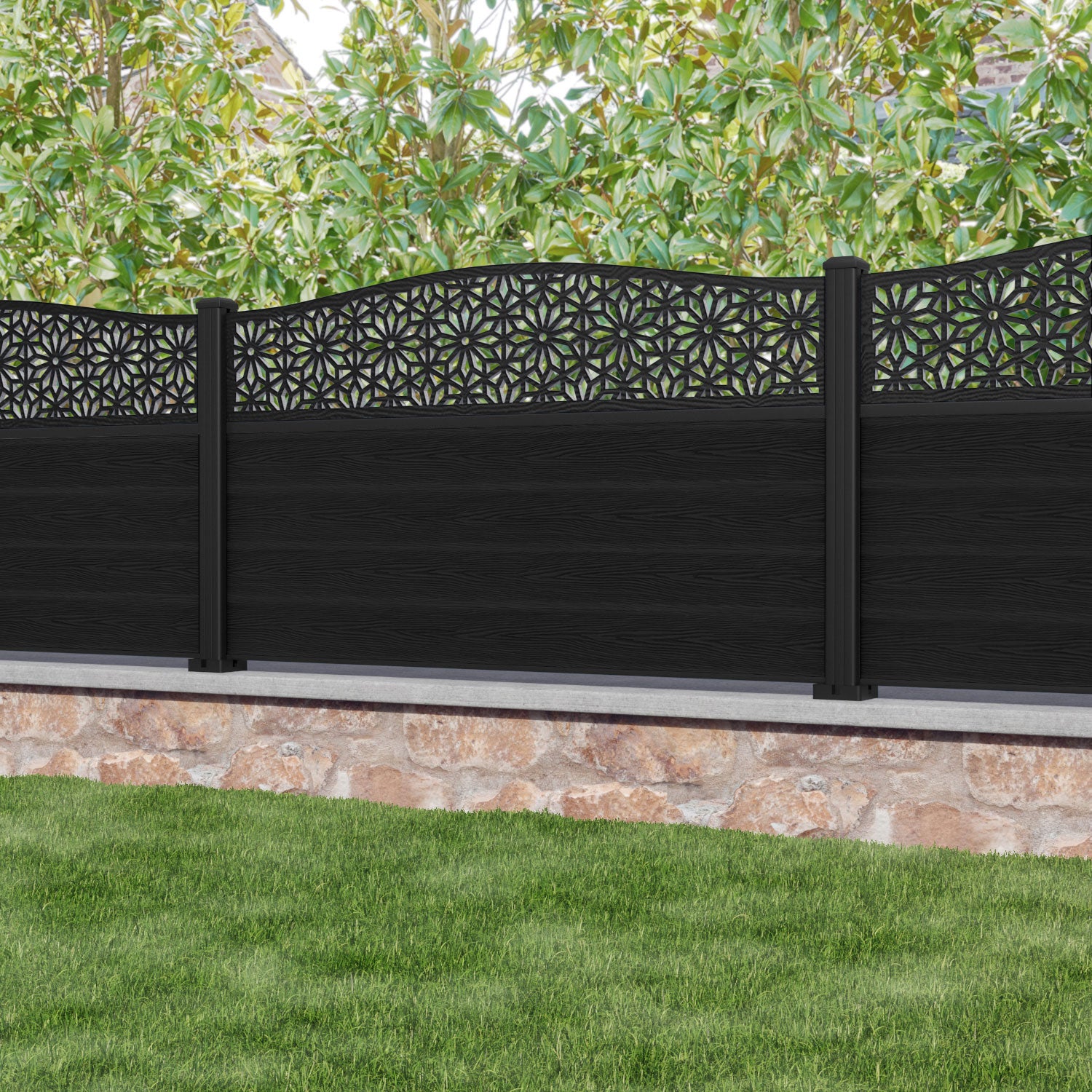 Classic Narwa Curved Top Fence Panel - Black - with our aluminium posts