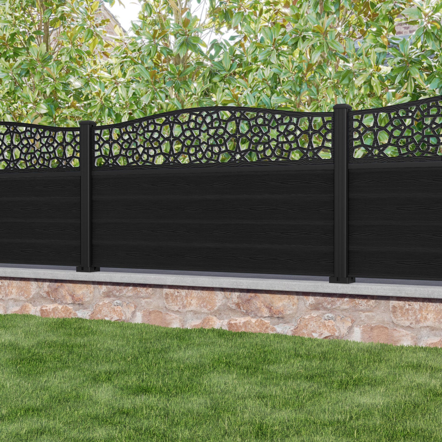 Classic Nazira Curved Top Fence Panel - Black - with our aluminium posts