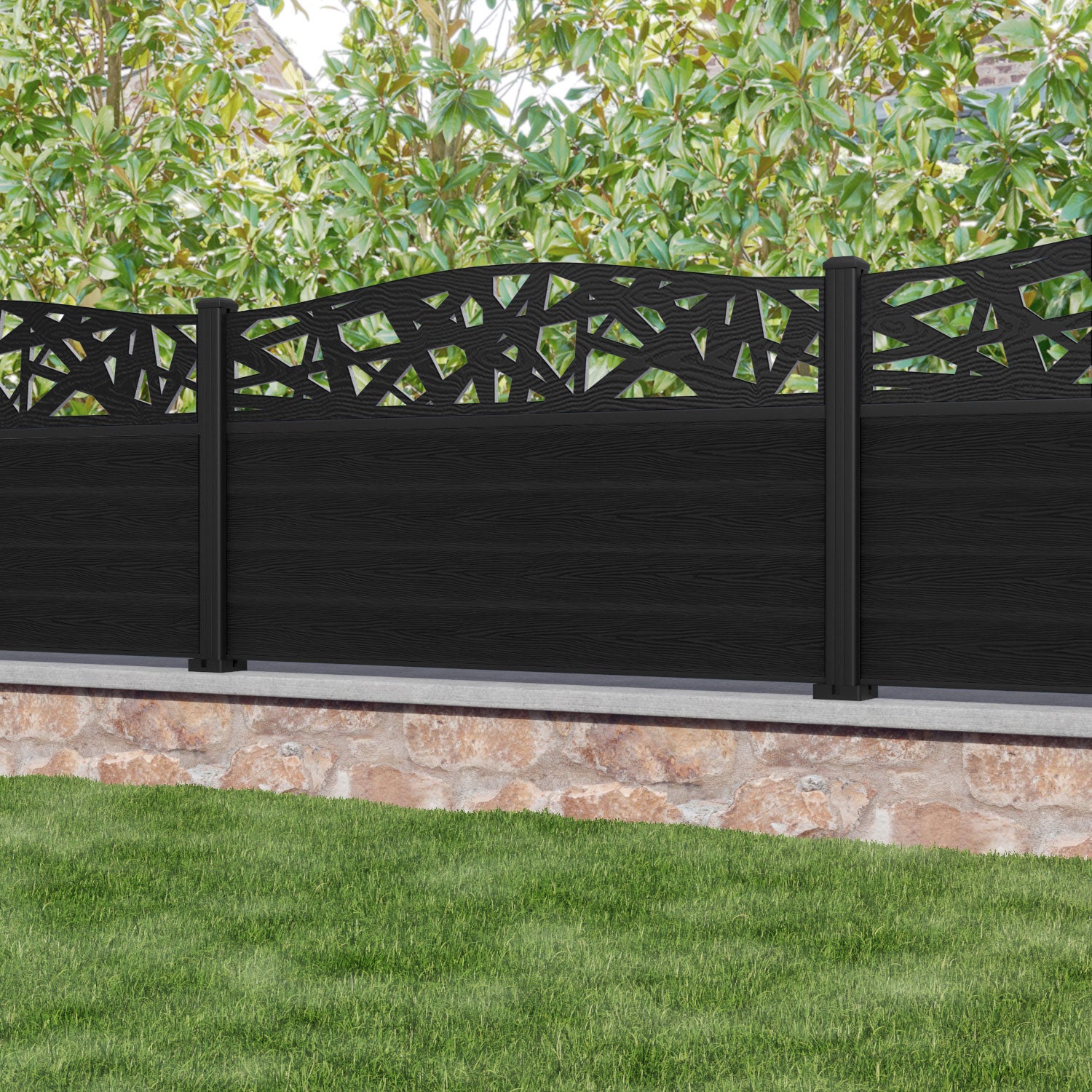 Classic Prism Curved Top Fence Panel - Black - with our aluminium posts