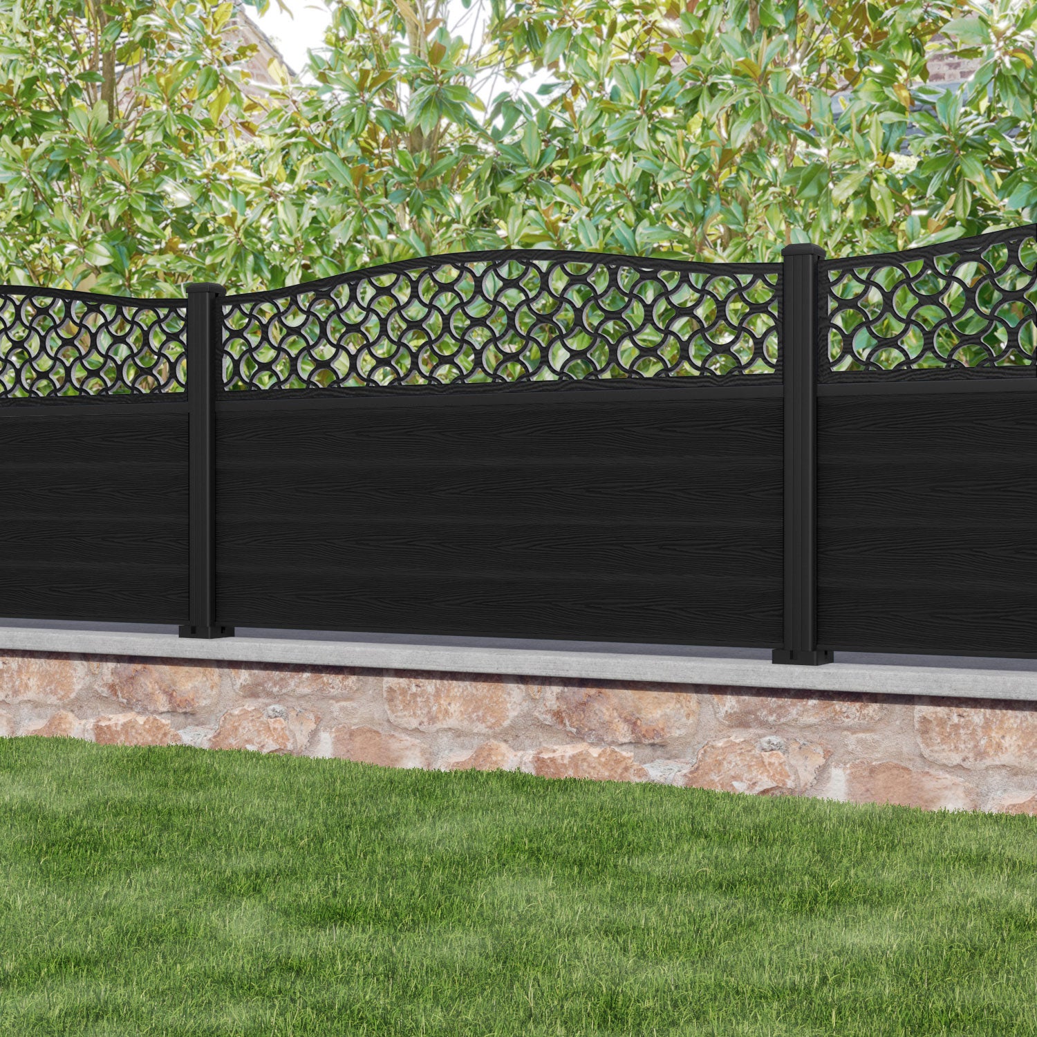 Classic Vida Curved Top Fence Panel - Black - with our aluminium posts