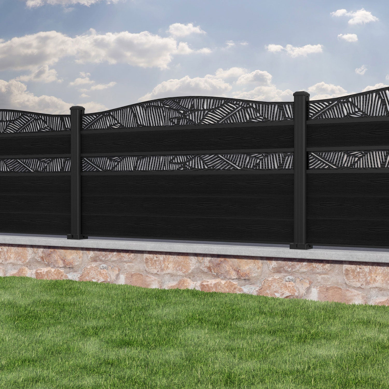 Classic Feather Curved Top Split Screen Fence Panel - Black - with our aluminium posts