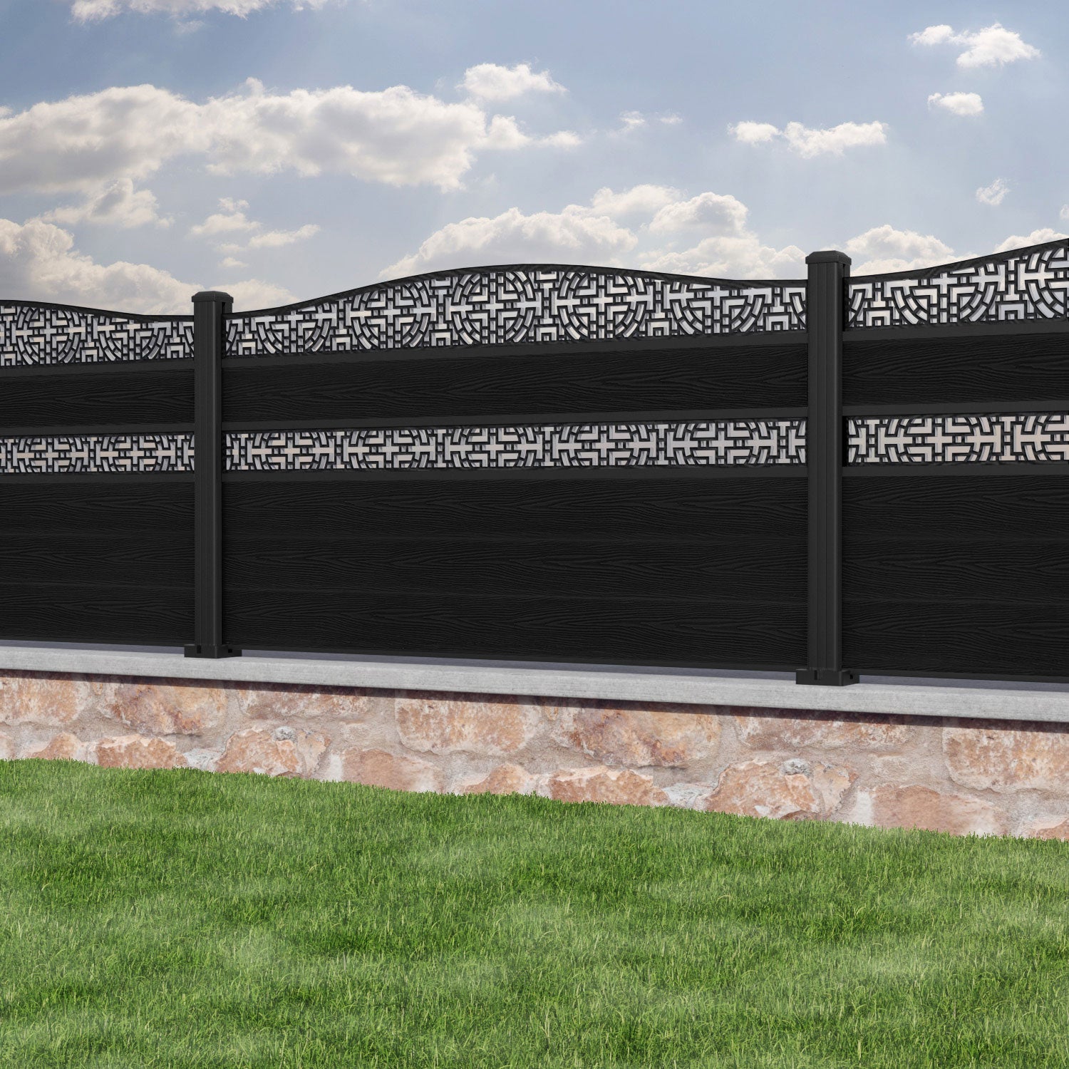 Classic Kumo Curved Top Split Screen Fence Panel - Black - with our aluminium posts